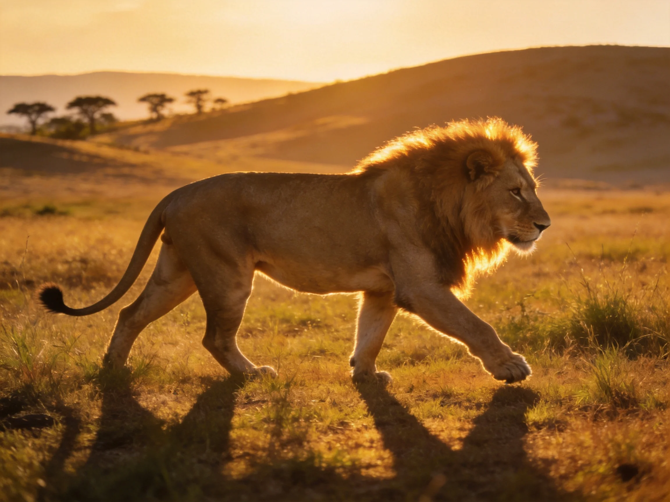 A majestic lion roams a golden savannah landscape at sunset