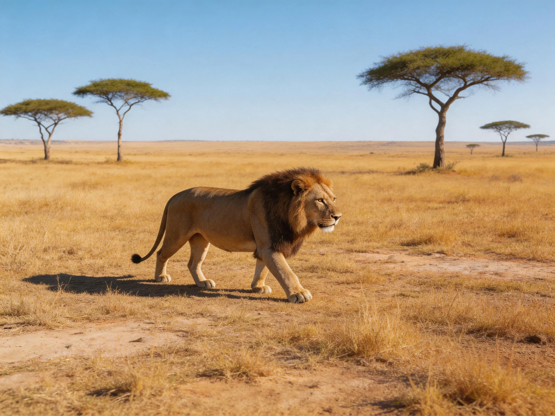 A majestic lion roams a golden savannah with acacia trees