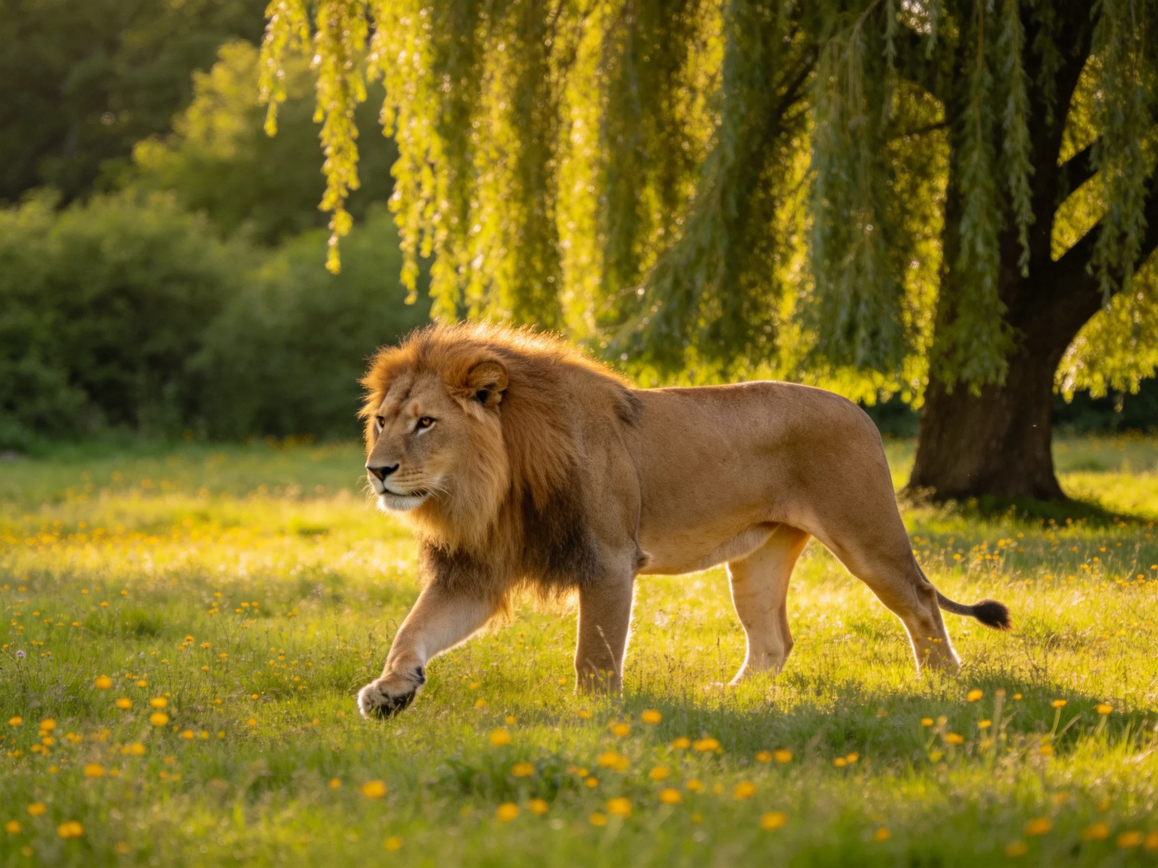 A majestic lion roams a sunlit meadow near weeping willows