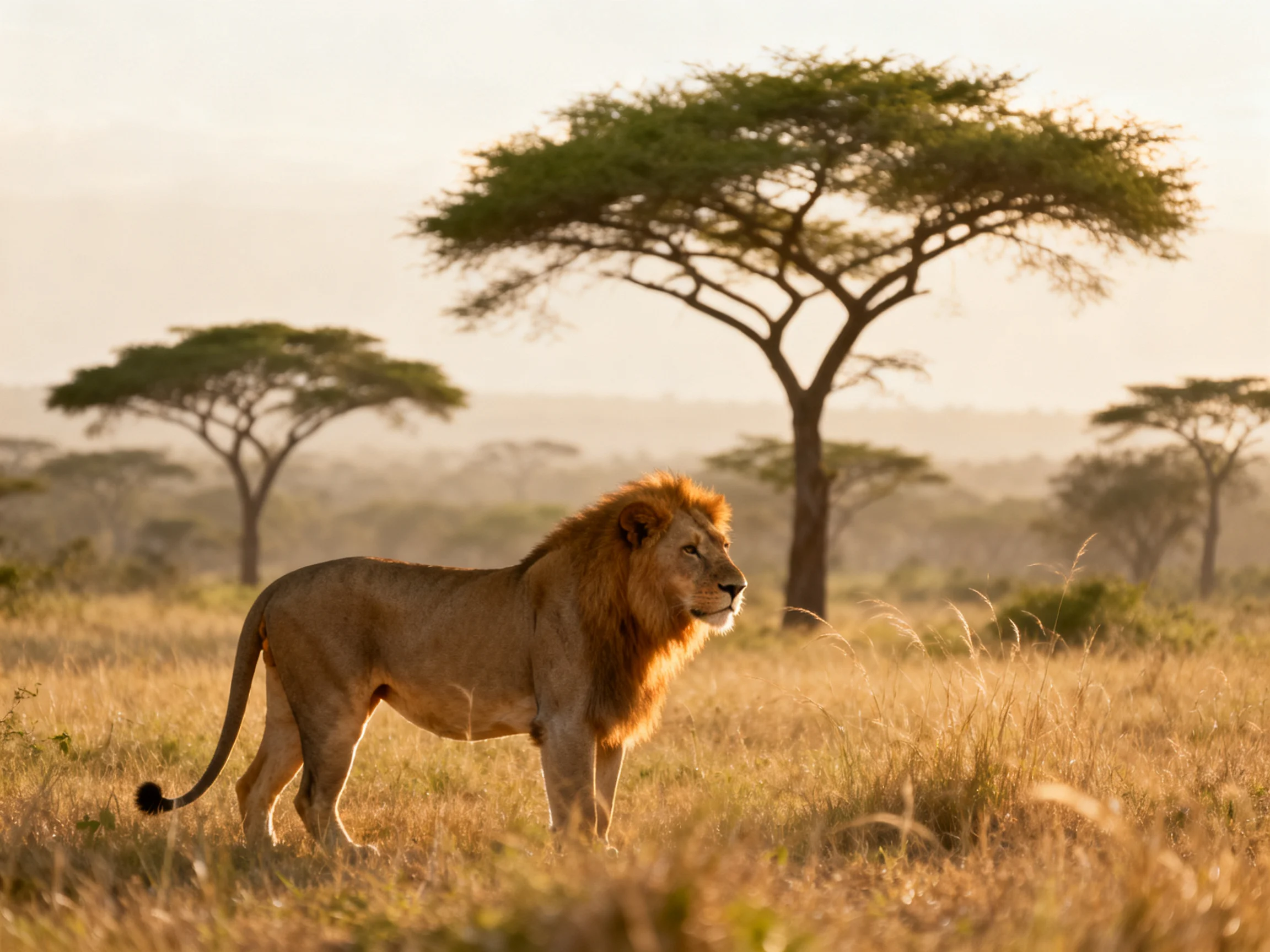 A majestic lion roams golden savannah near tall acacia trees