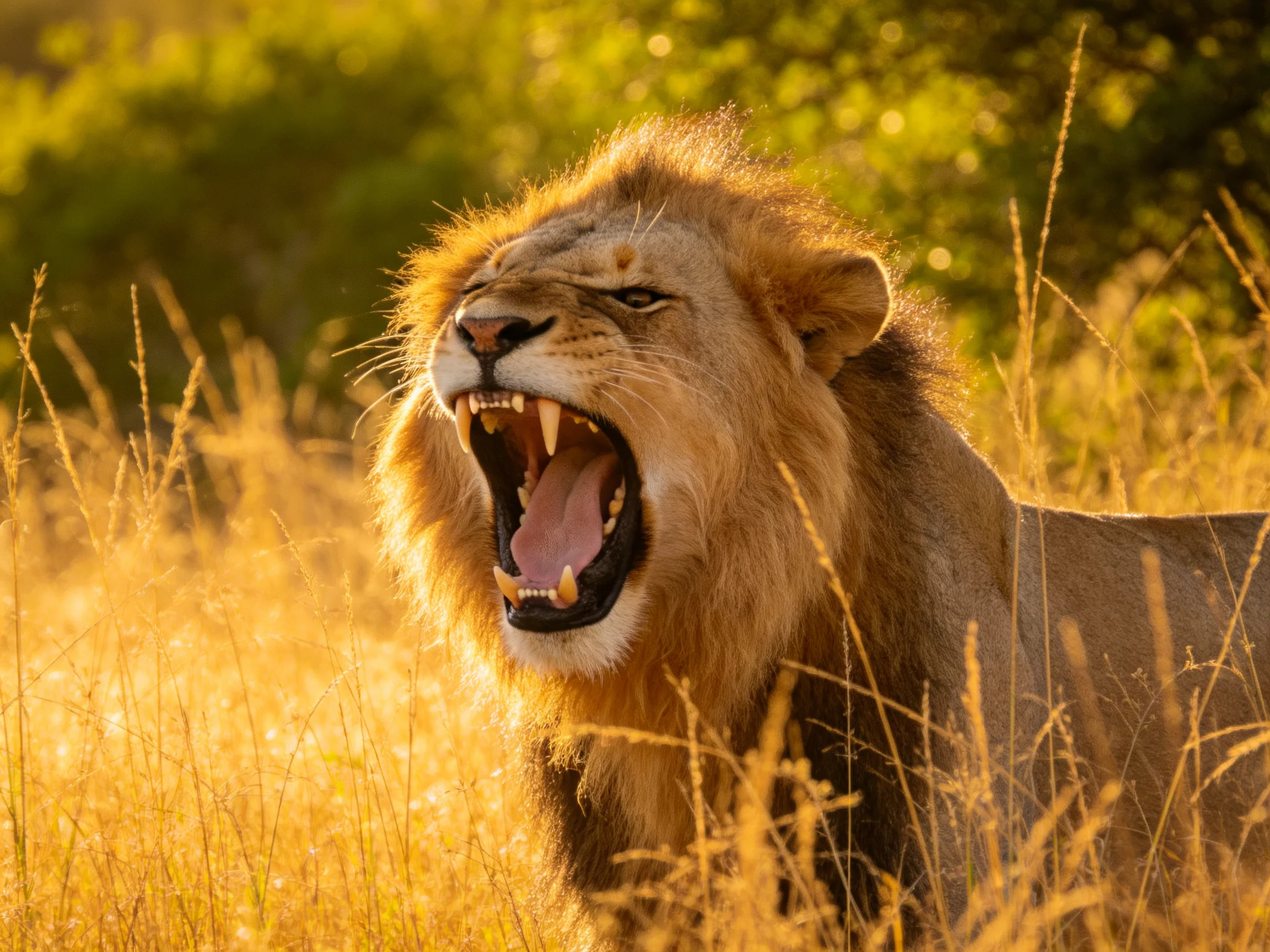 A majestic lion roars amid tall golden grasses under warm sunlight