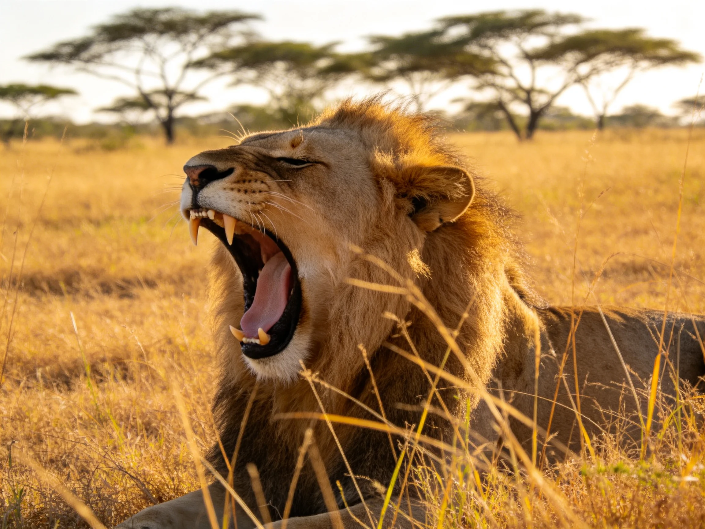 A majestic lion roars in golden savannah grass near acacia trees