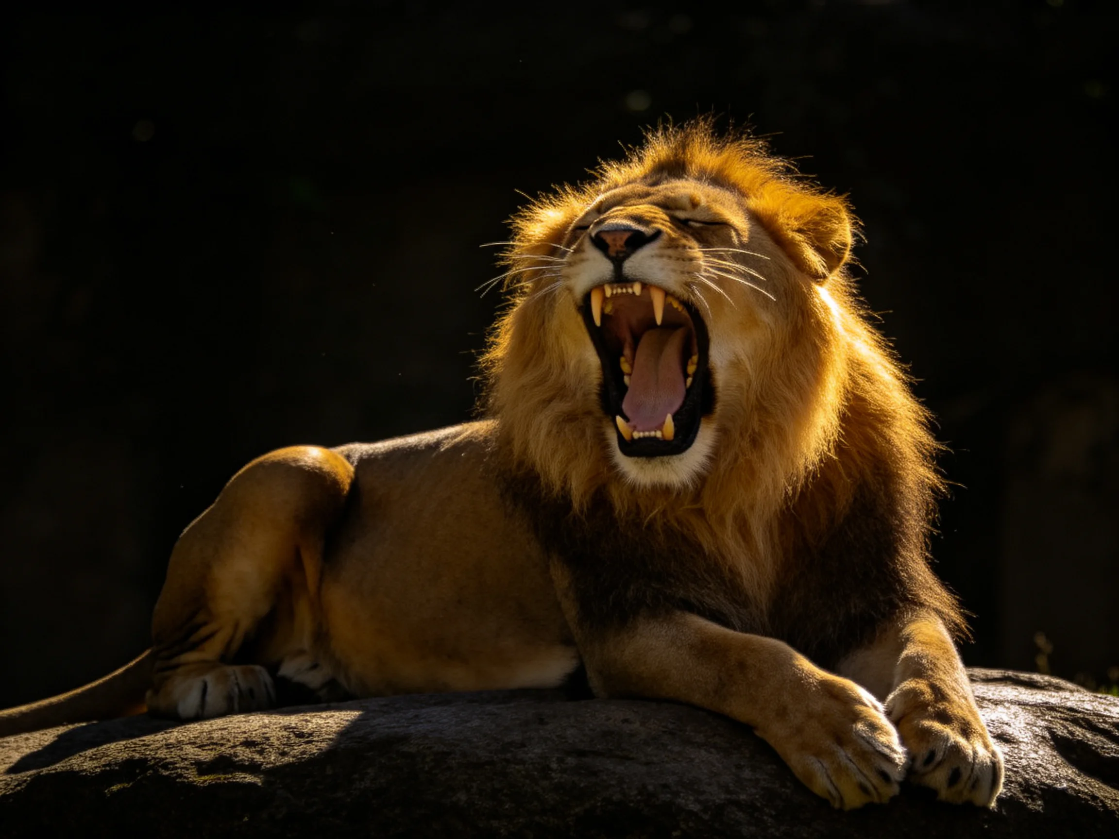 A majestic lion roars on a rocky outcrop with golden fur