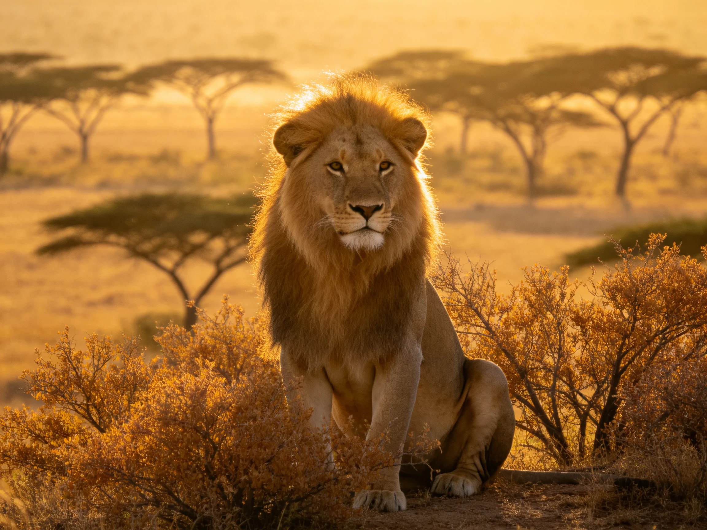 A lion rests in a sunlit savannah landscape with scattered acacia trees.
