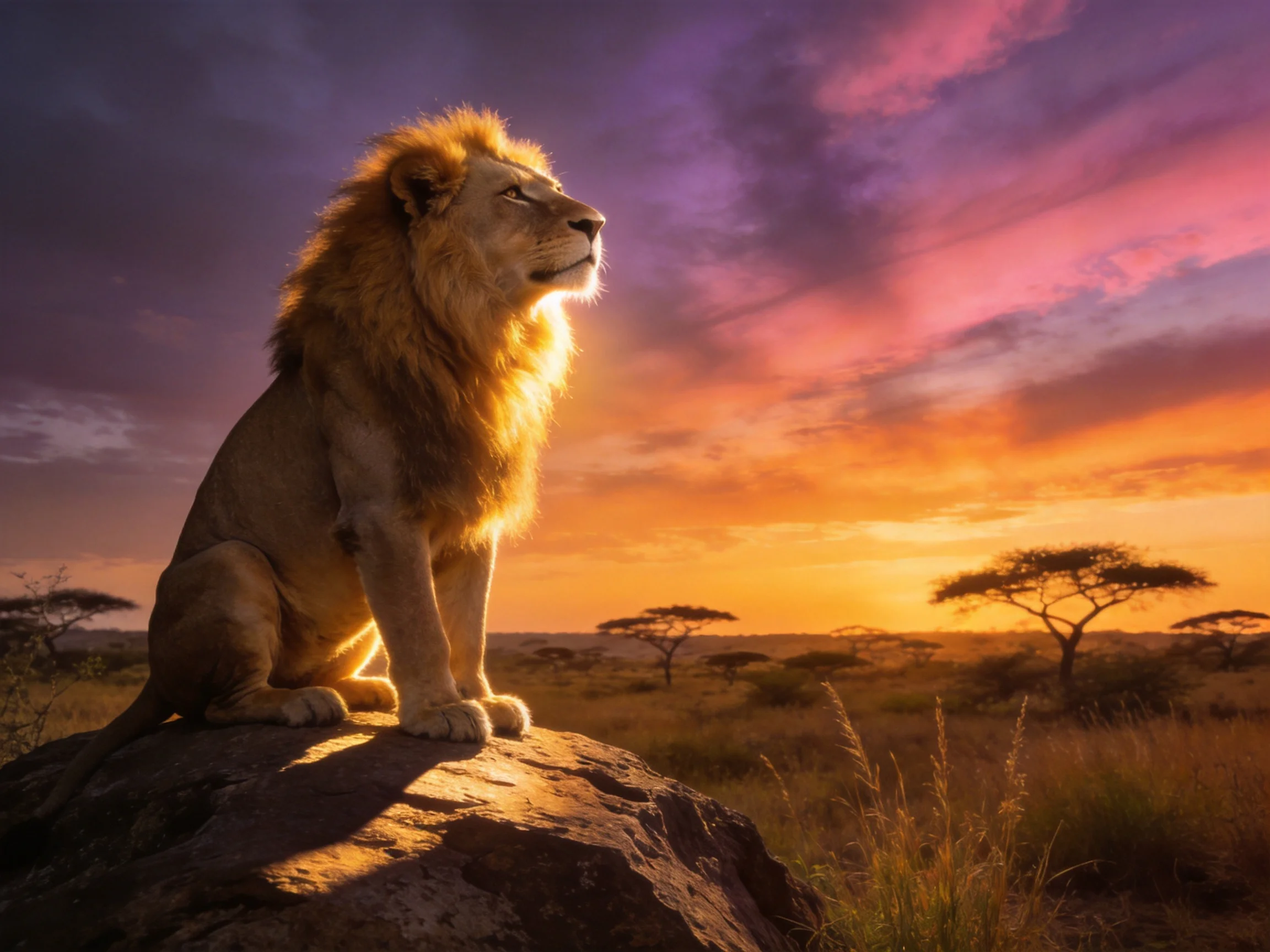 A majestic lion sits atop a rock during a vibrant savannah sunset