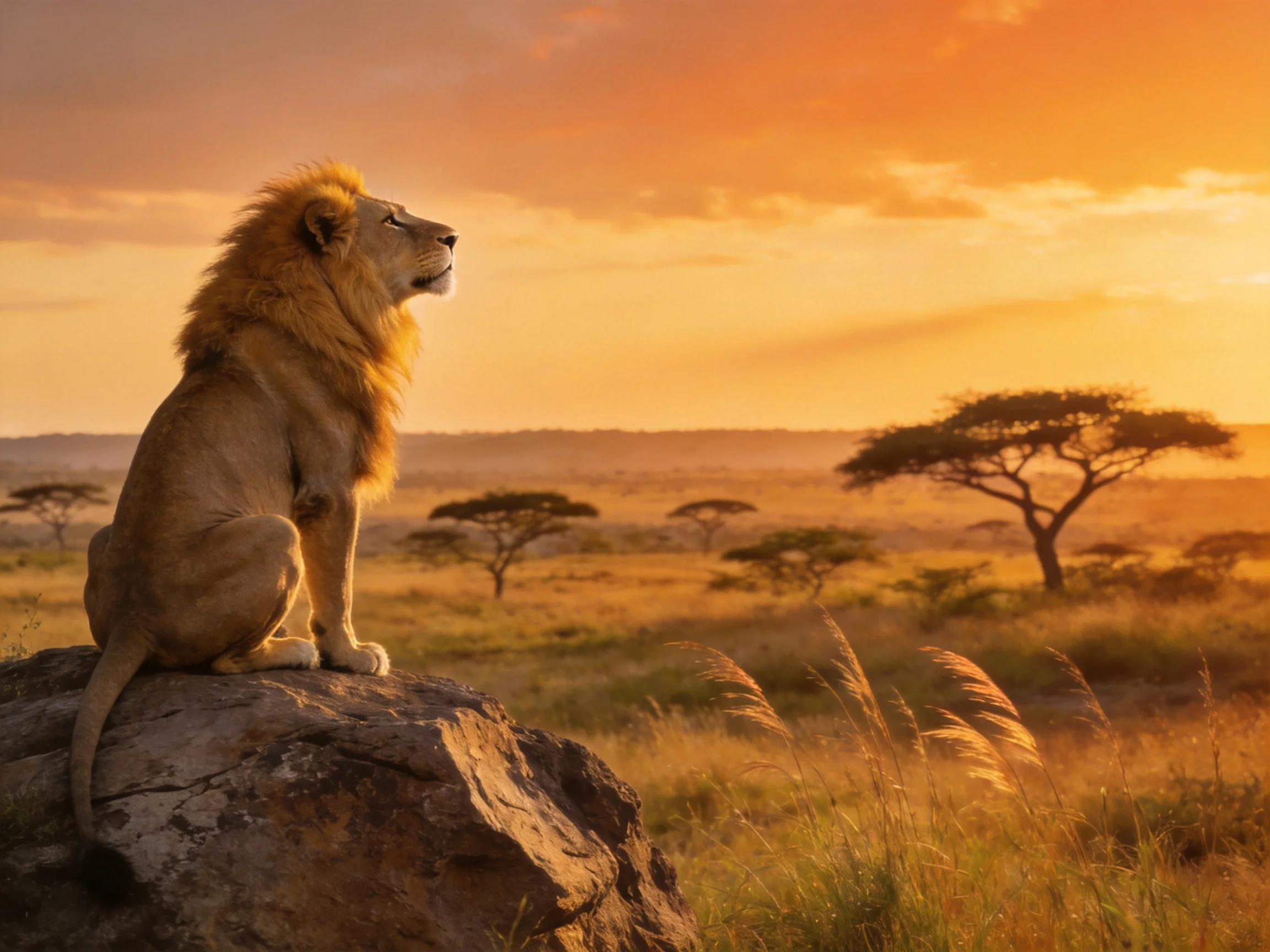 A majestic lion sits atop a rock during golden savannah sunset