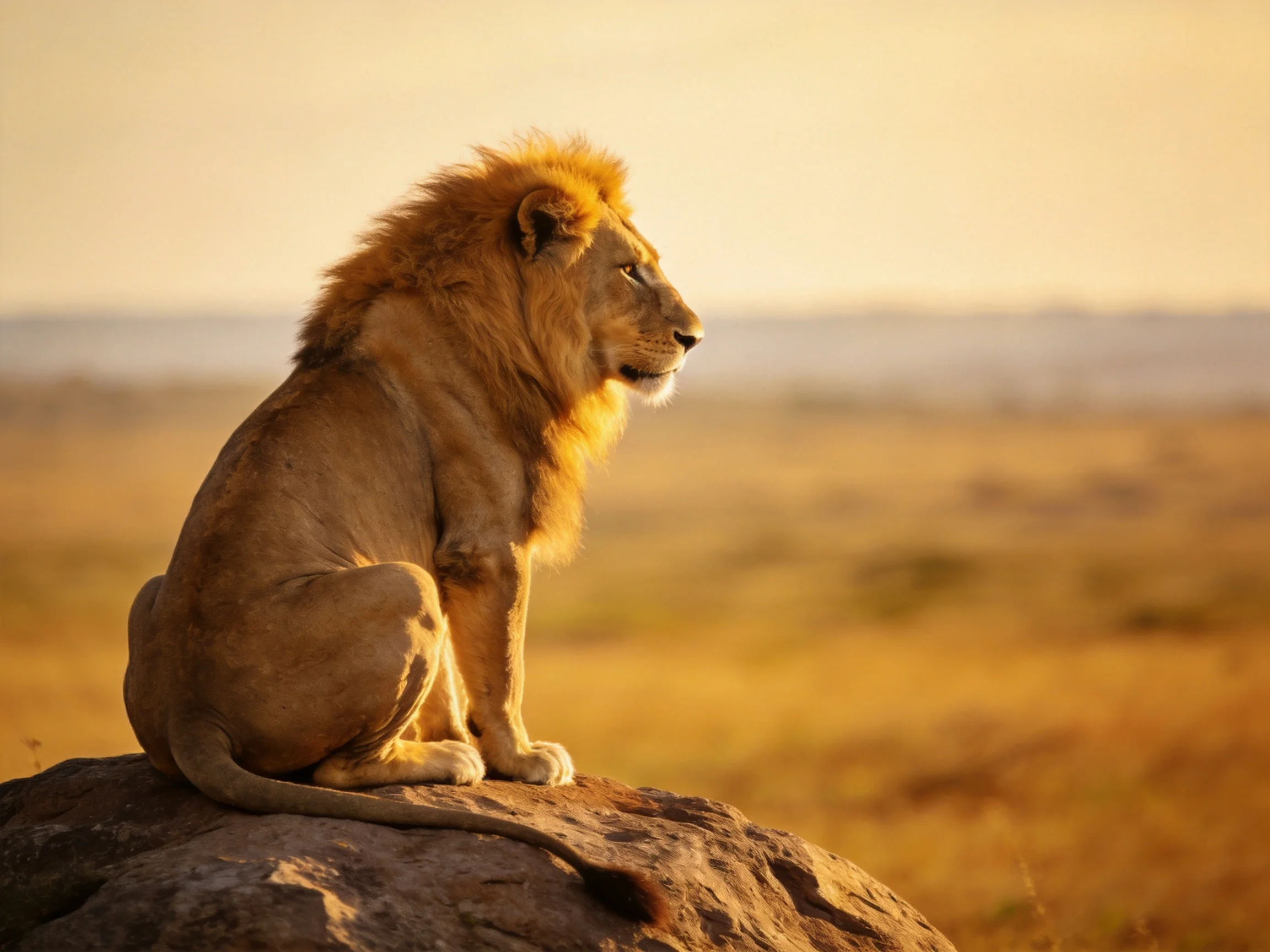 A majestic lion sits atop a rock in a golden savannah landscape