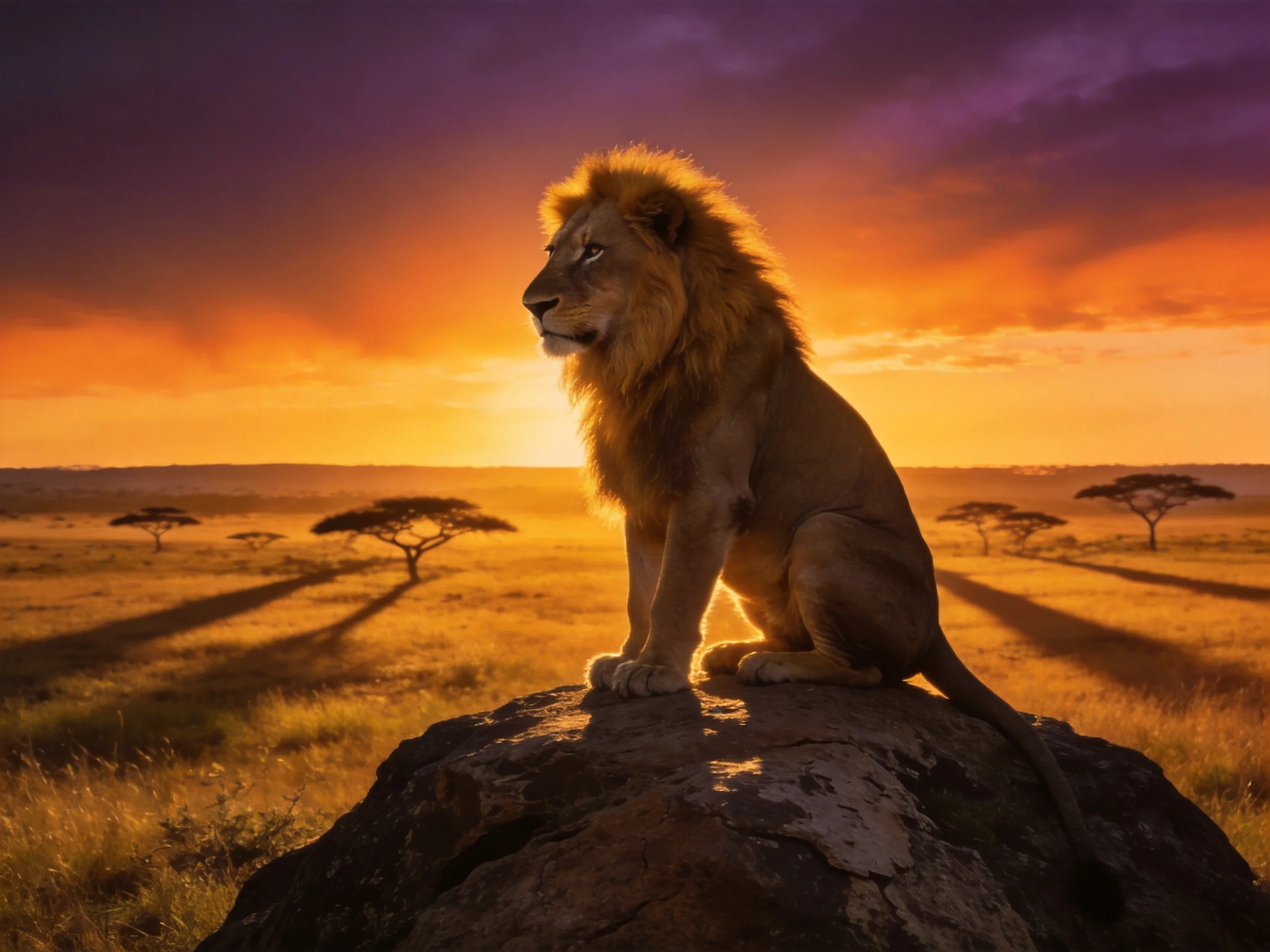 A majestic lion sits atop a rocky outcrop amid a vibrant savannah sunset