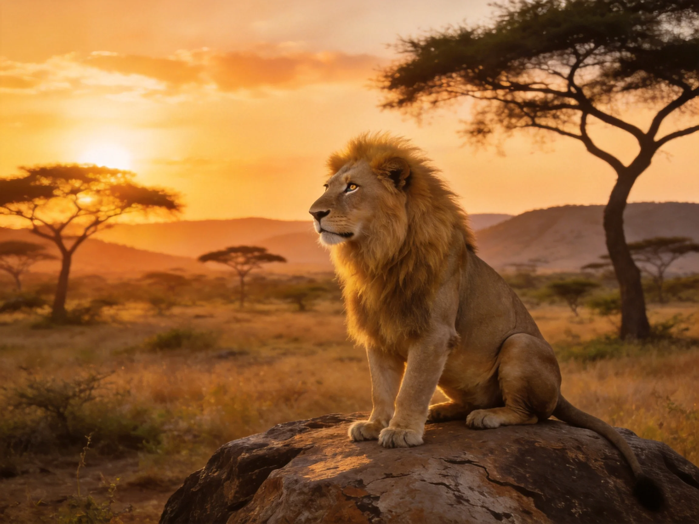 A majestic lion sits atop a rocky outcrop during golden hour