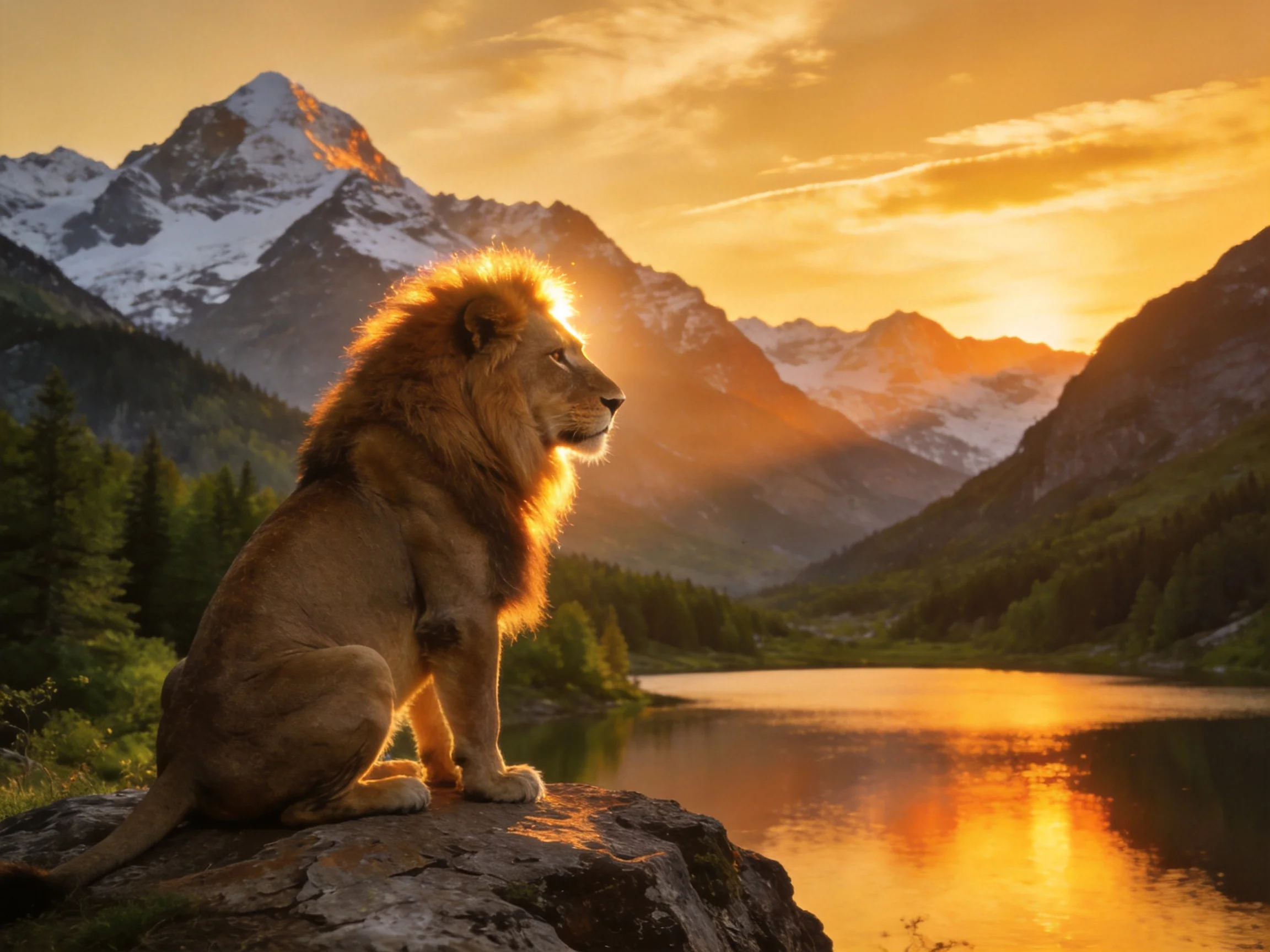 A majestic lion sits on a rocky outcrop by a mountain lake at sunset
