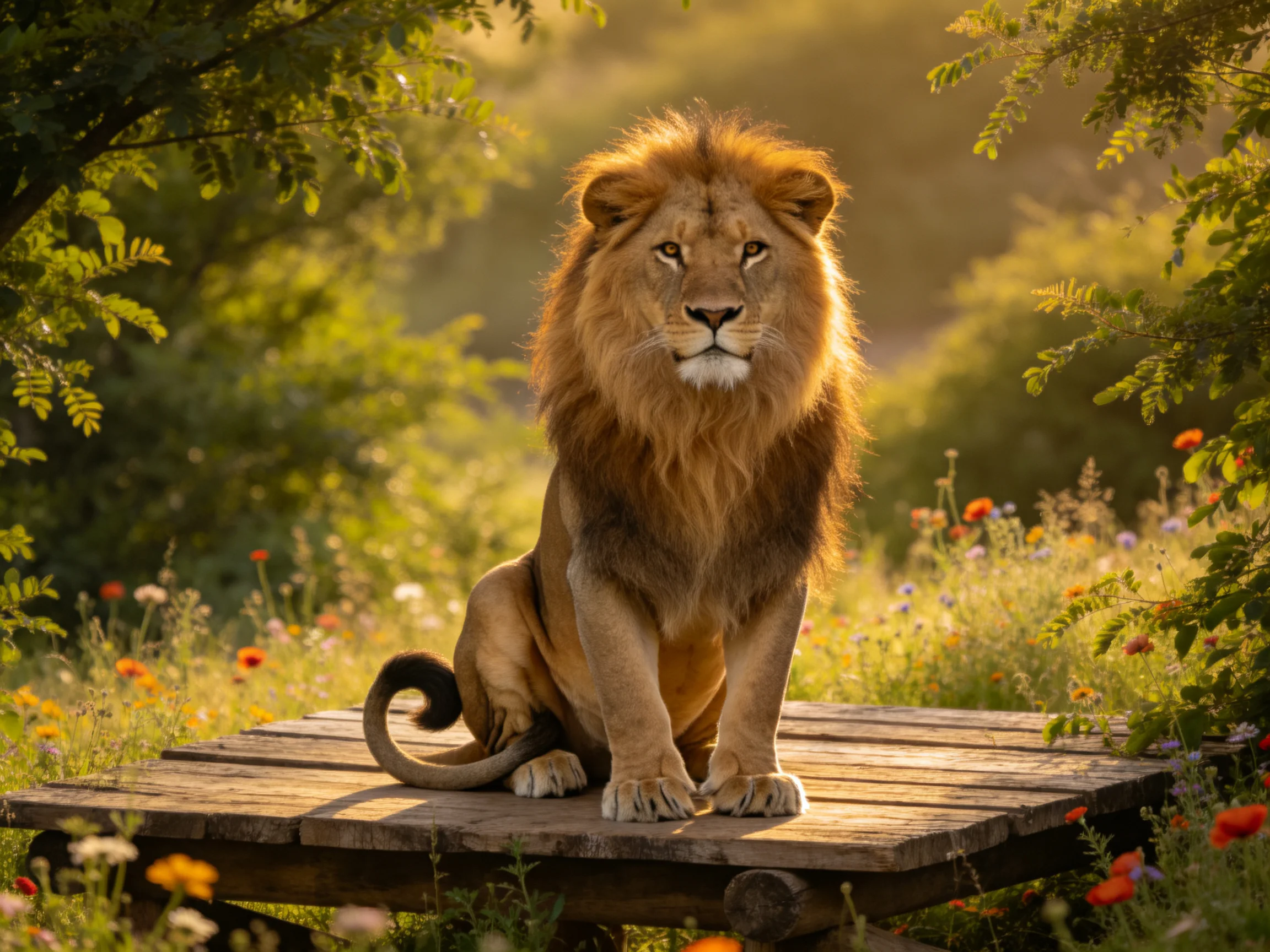 A majestic lion sits on a wooden platform amidst lush greenery and wildflowers