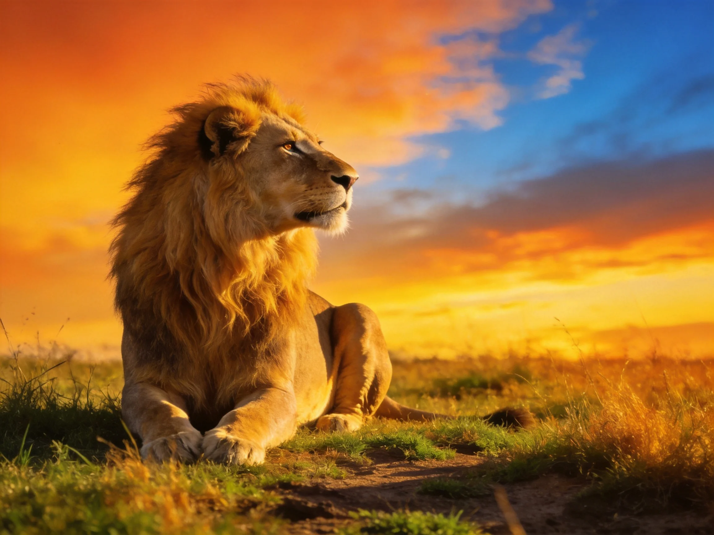 A majestic lion sits on savannah grass beneath a colorful sunset sky