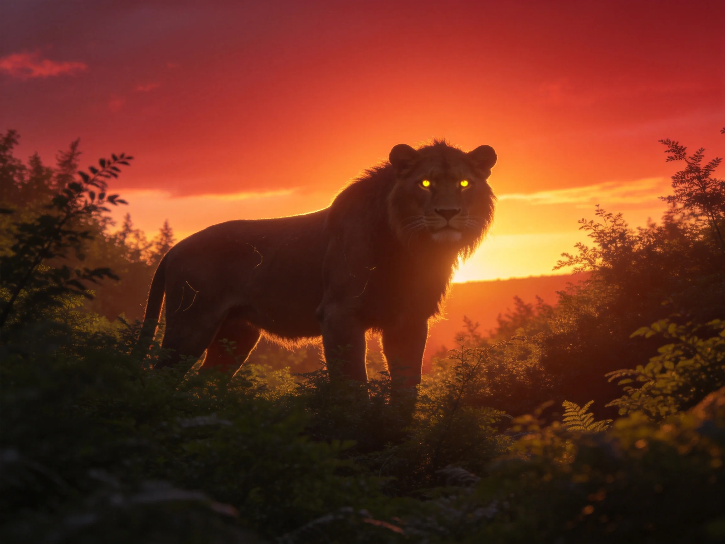 A lion stands among dense greenery beneath a vibrant red-orange sunset sky.