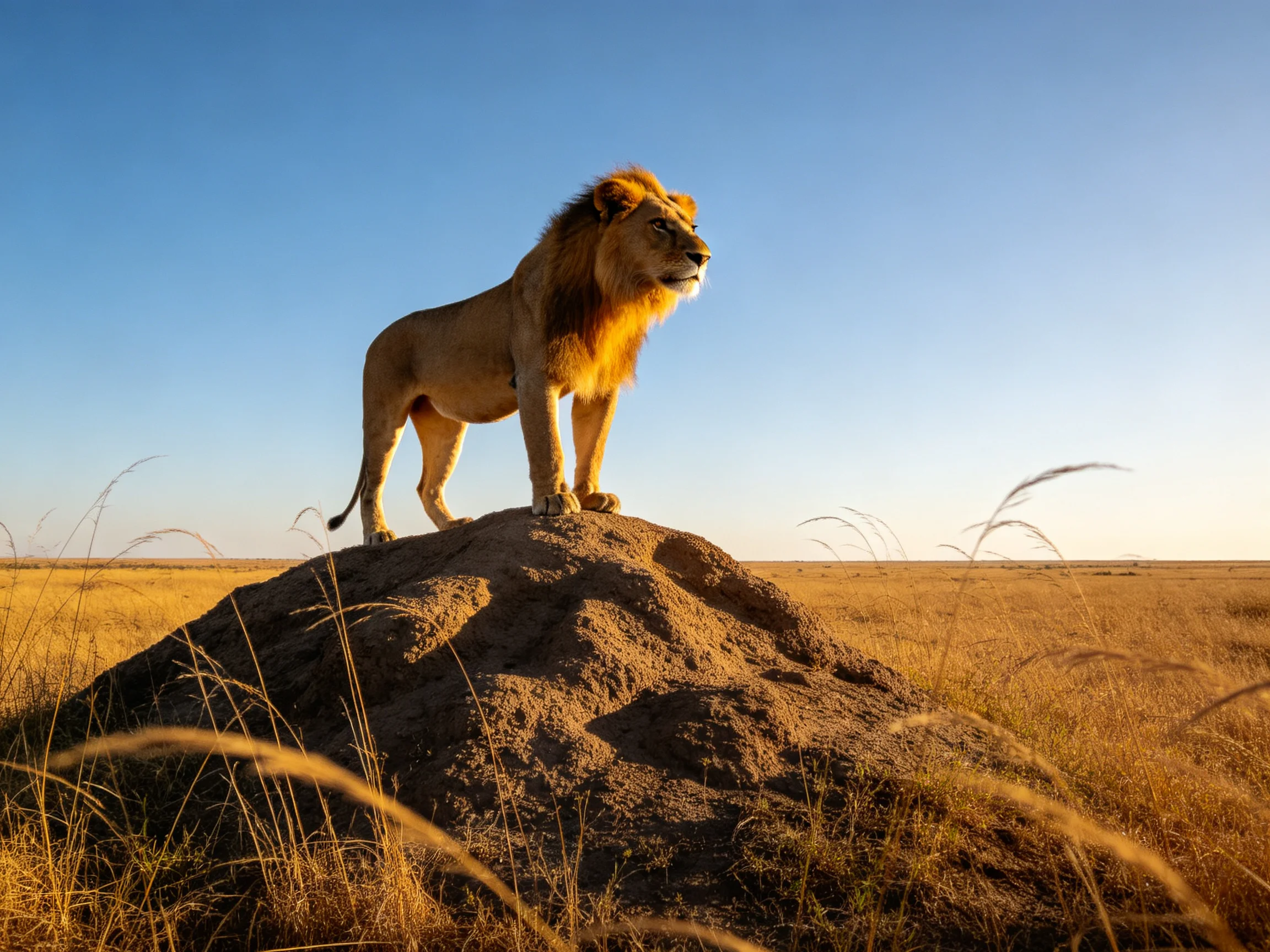 A lion stands atop a mound surveying the vast savannah.