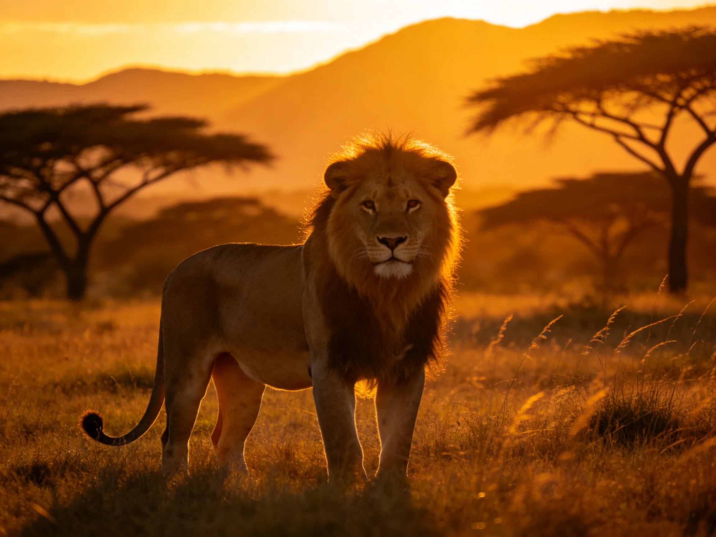 A lion stands in a sunlit savannah landscape with acacia trees.