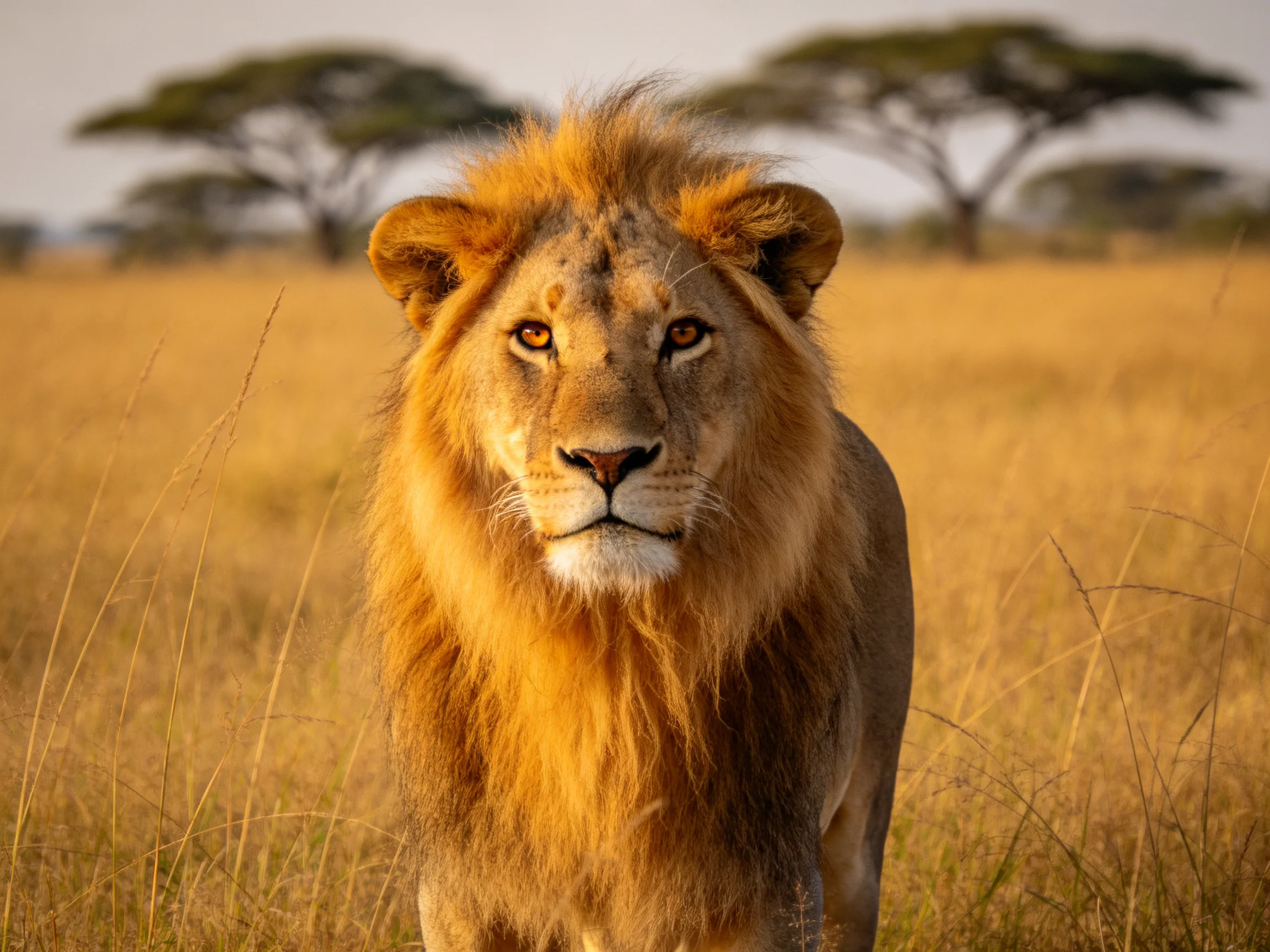 A majestic lion stands in golden savannah with acacia trees