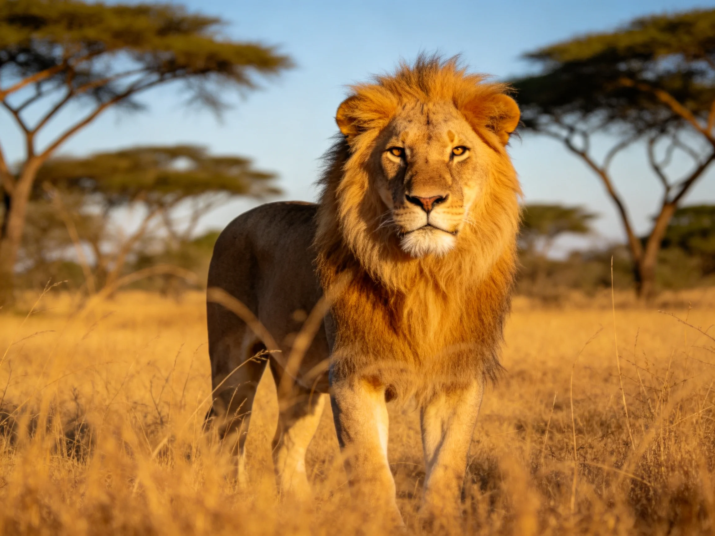 A lion stands in golden savannah grass near acacia trees.
