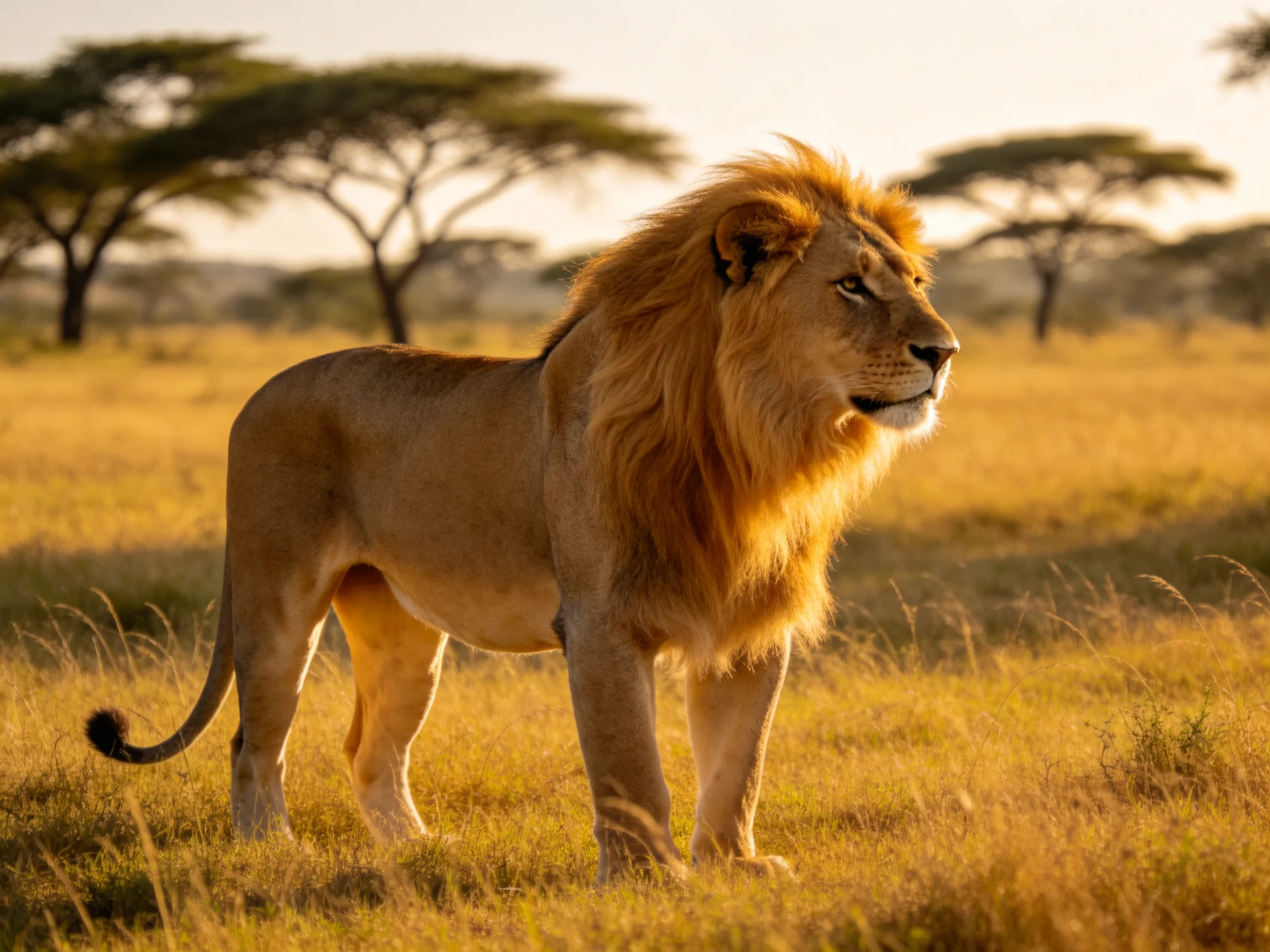 A lion stands alert in a sunlit savannah landscape.