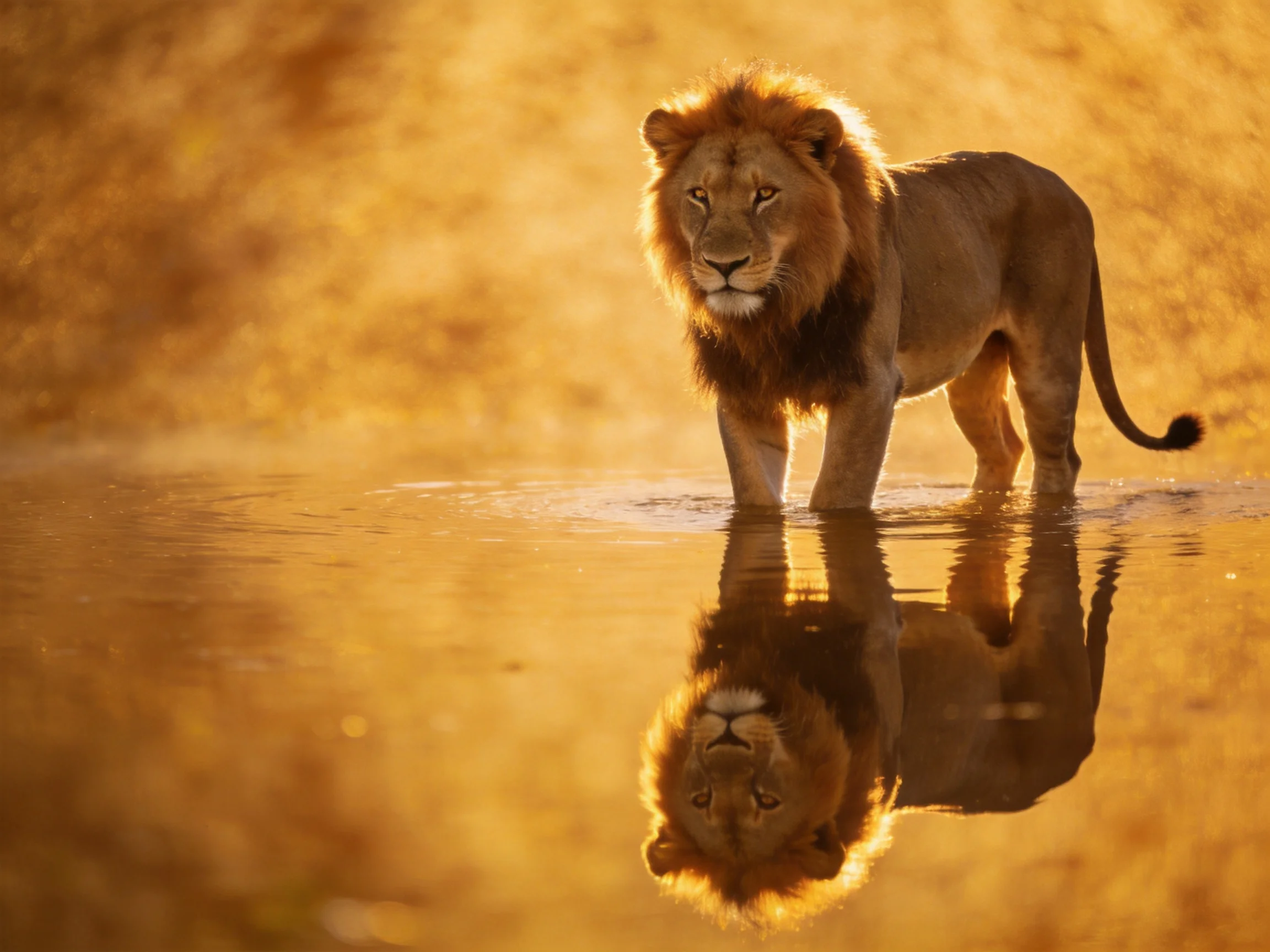A majestic lion stands in shallow golden water with clear reflection
