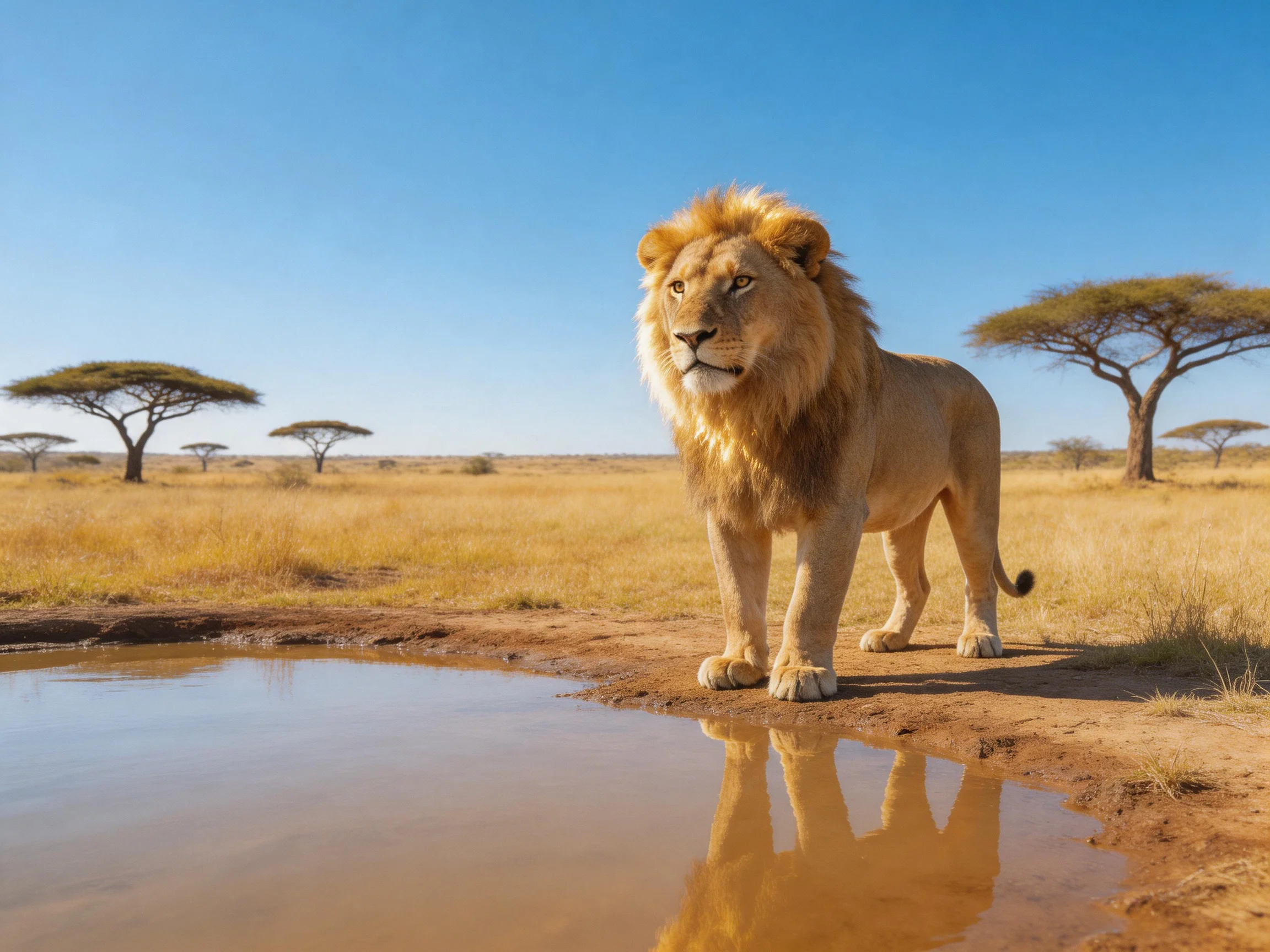 A majestic lion stands near a watering hole in a golden savannah