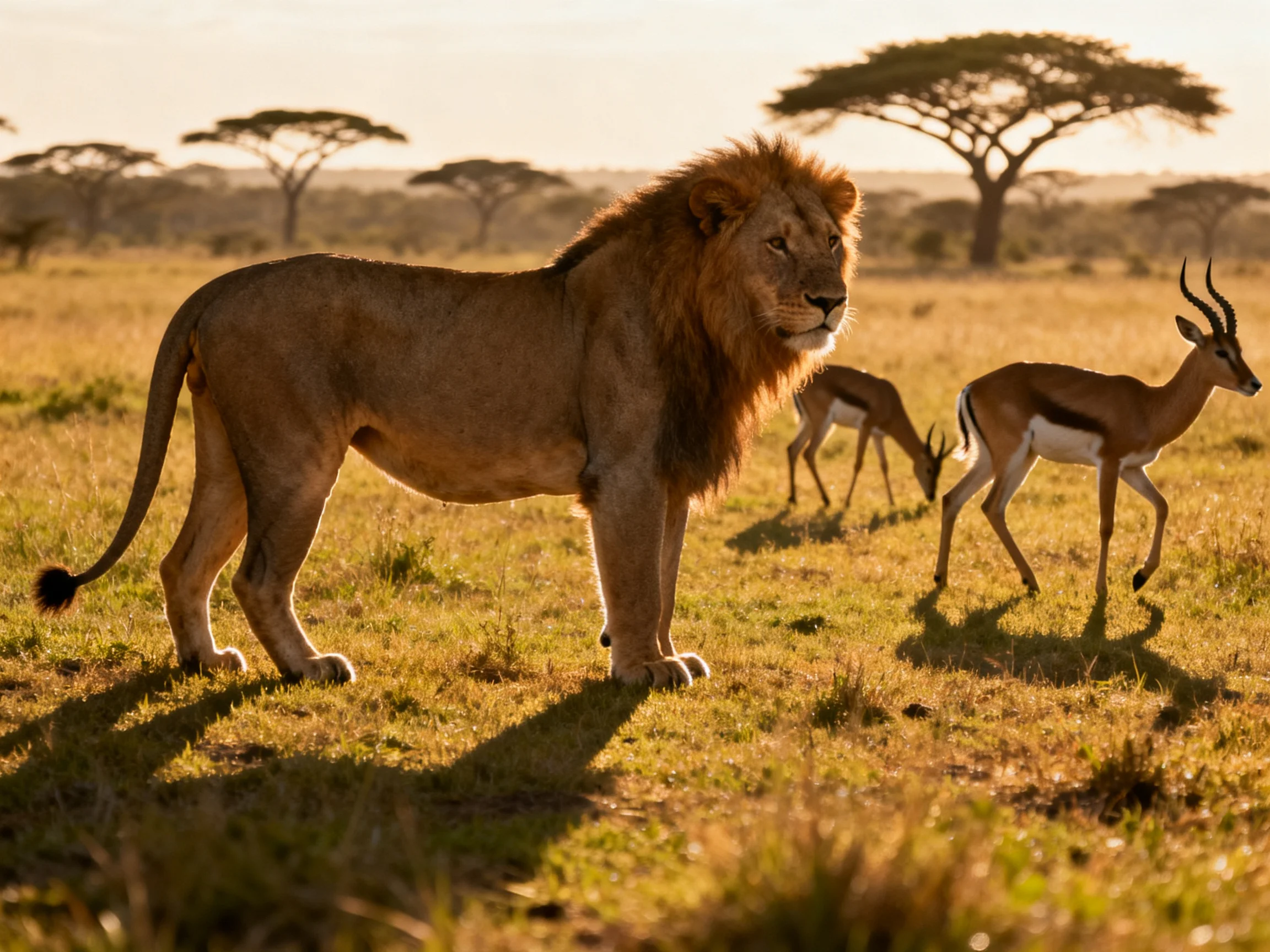 A lion observes two antelopes grazing in a sunlit savannah.