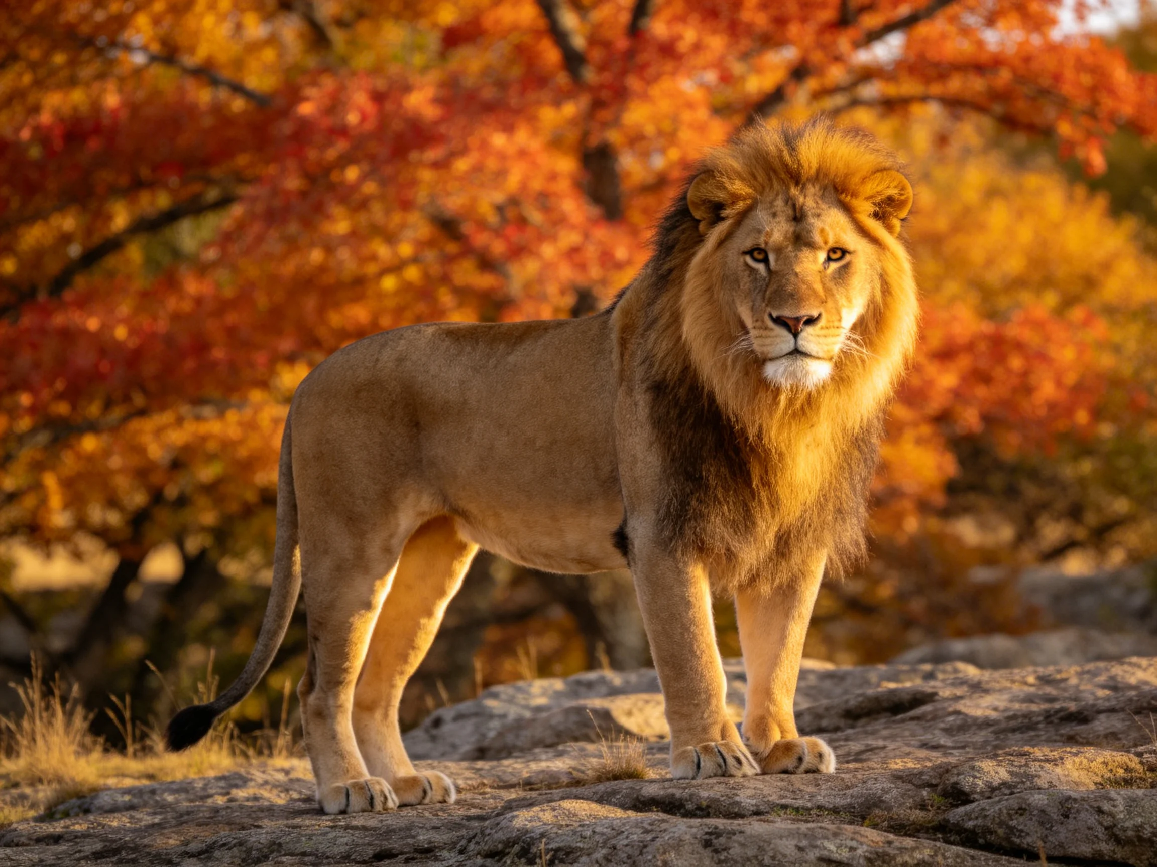A lion stands on rocks surrounded by colorful autumn trees.
