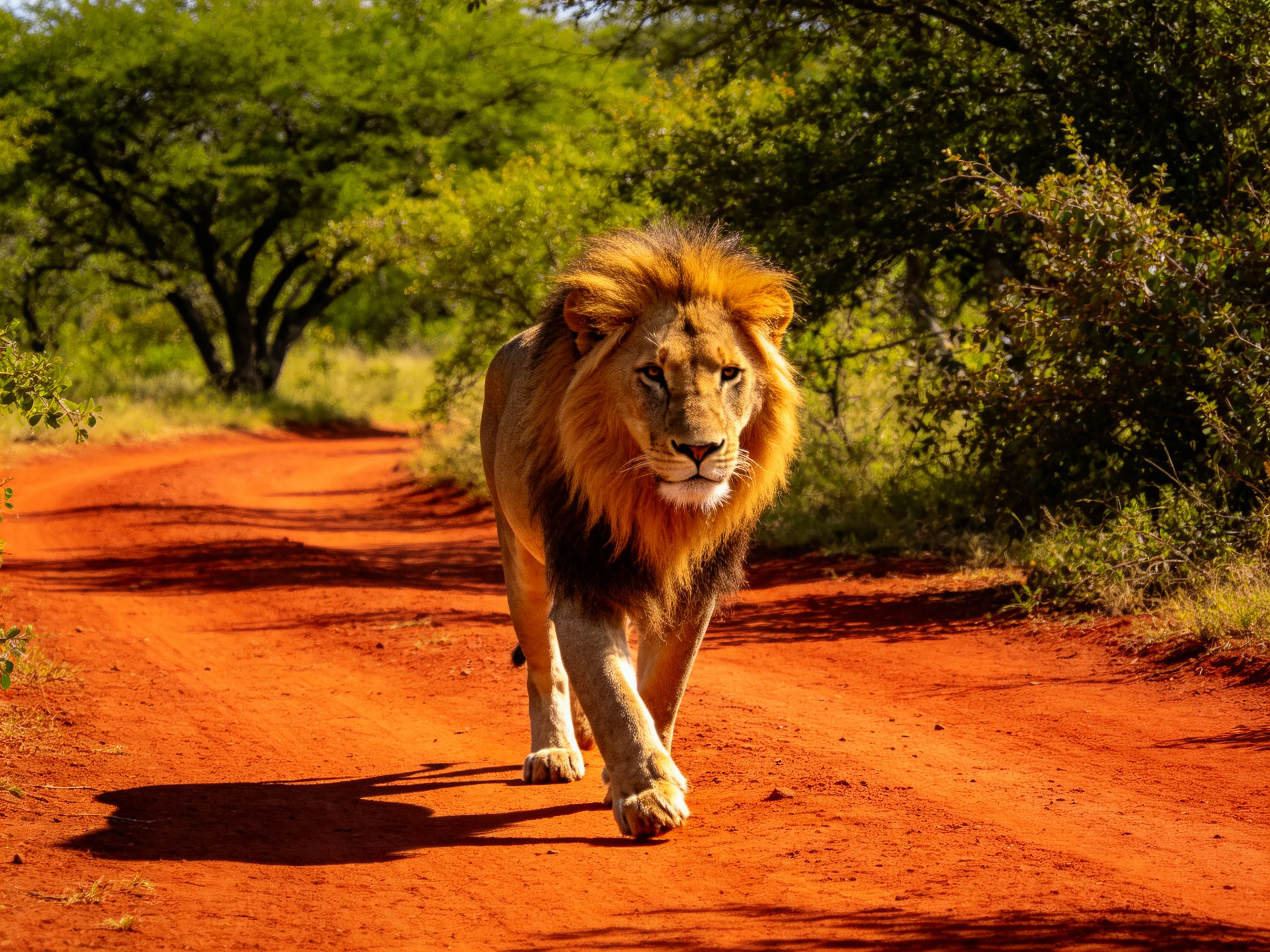 A lion confidently walks down a bright red dirt road near greenery.
