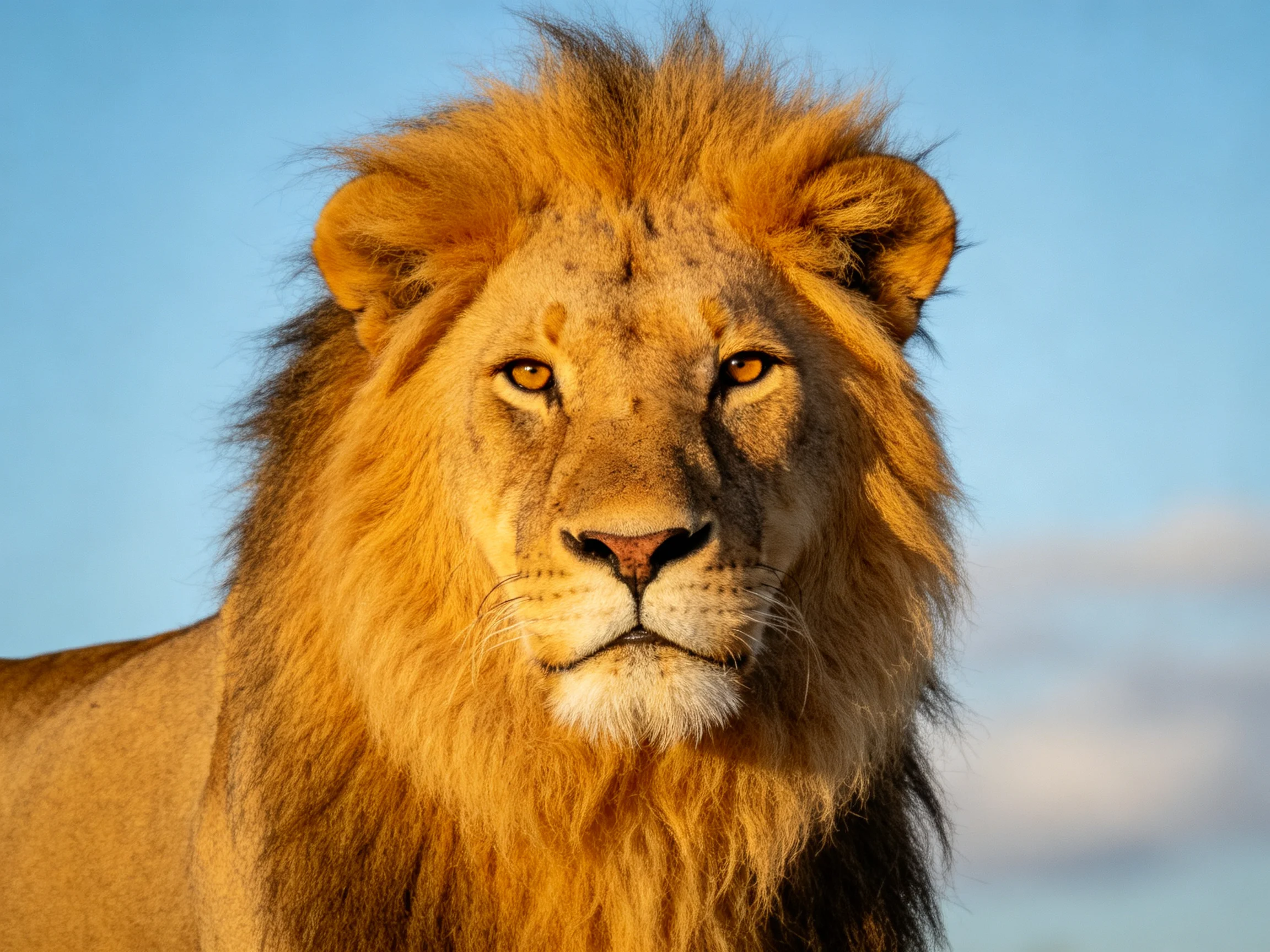 A close-up of a lion with a golden mane before a clear blue sky.