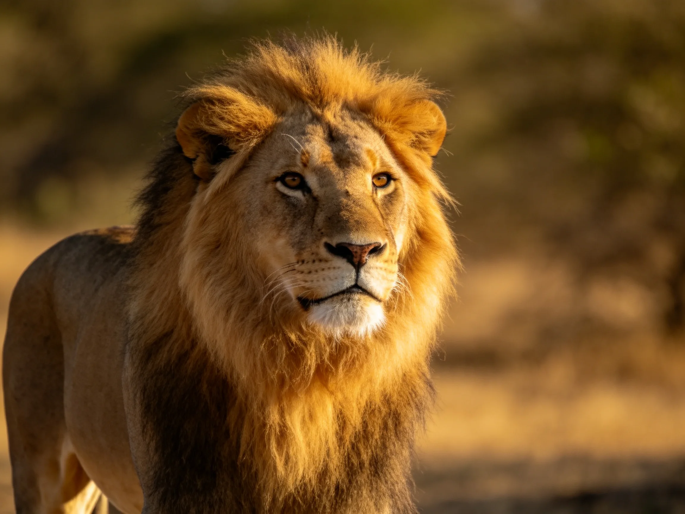 A majestic lion with a golden mane in a sunlit savannah