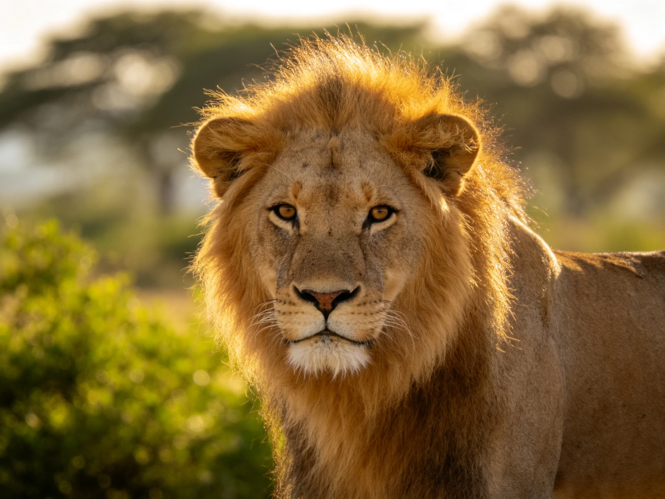 A lion with a golden mane stands in a sunlit natural landscape.