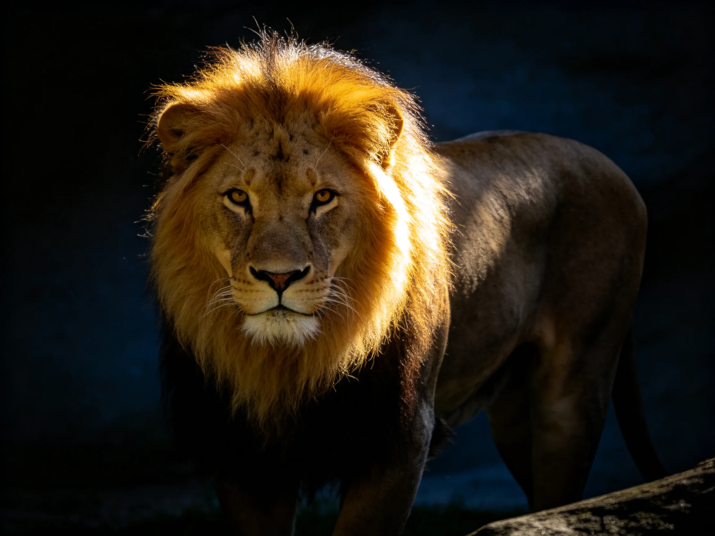 A majestic lion displays its golden mane through dramatic lighting against a dark environment.