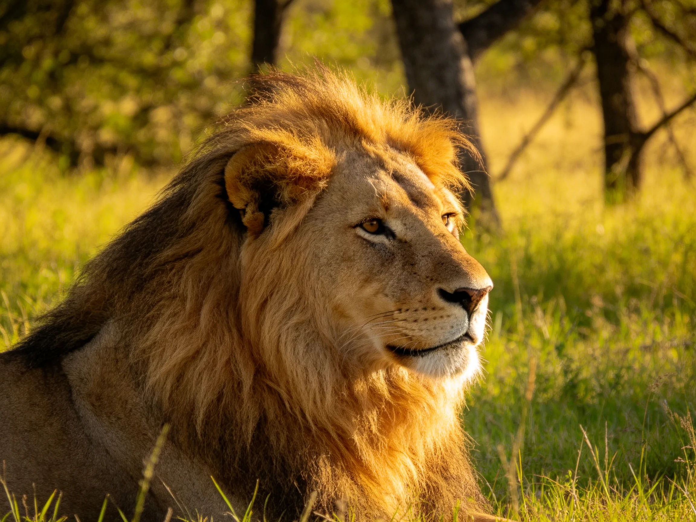 A lion with a golden mane rests peacefully amid sunlit savannah grass.