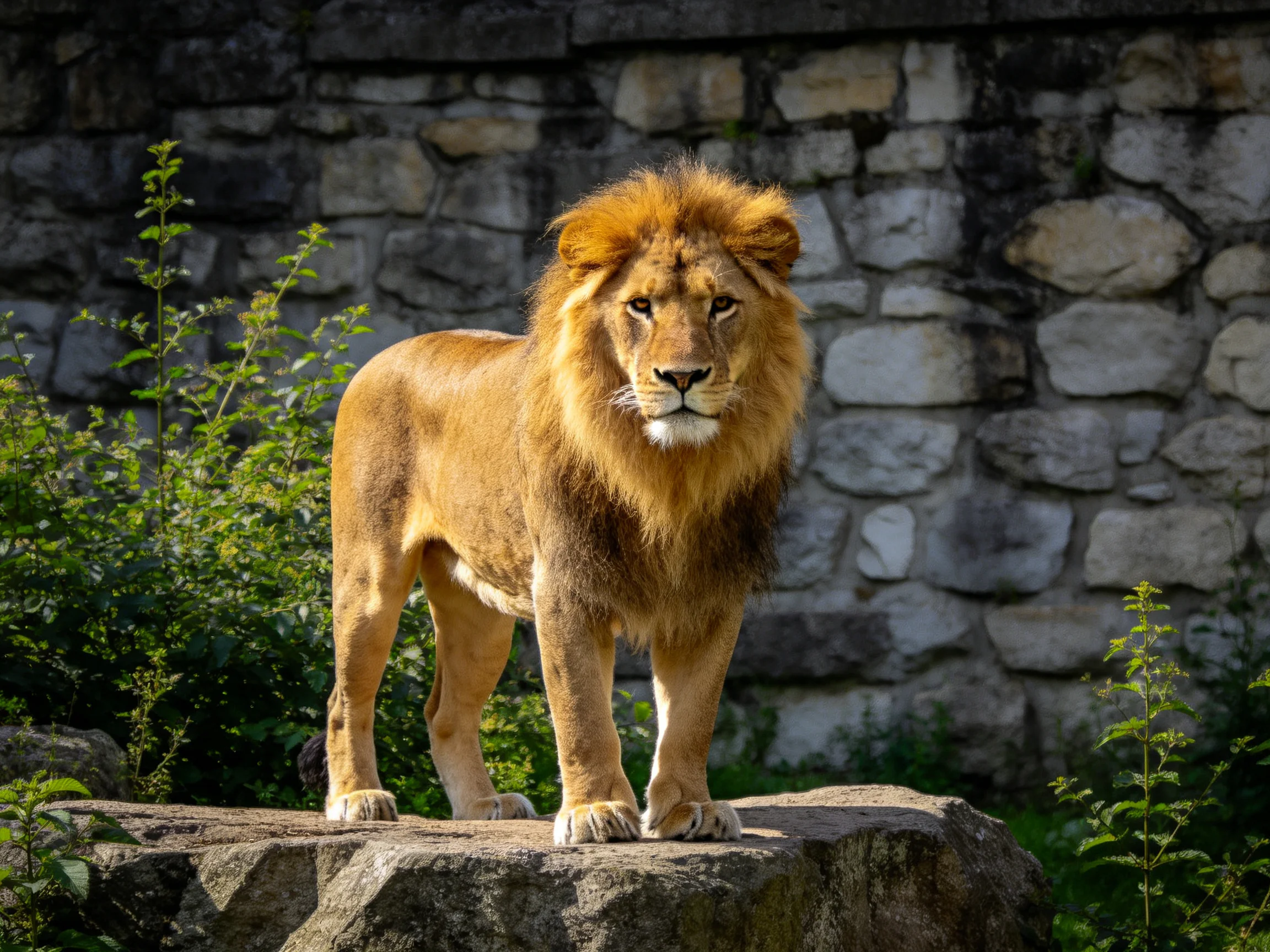 A lion stands on a rock in front of a stone wall with surrounding greenery.