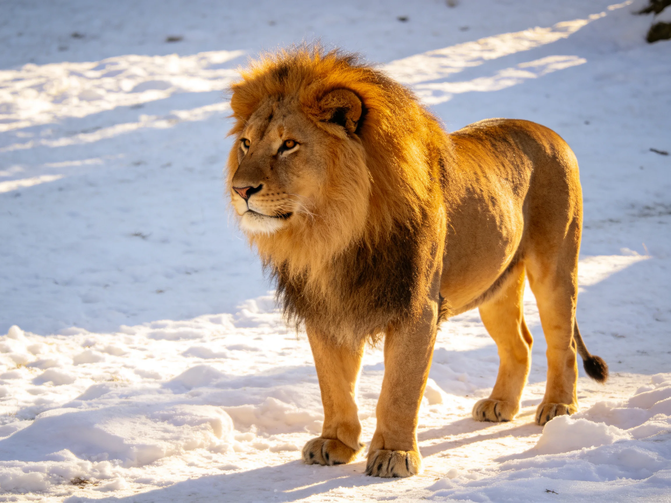 A lion with a golden mane stands on bright white snow.