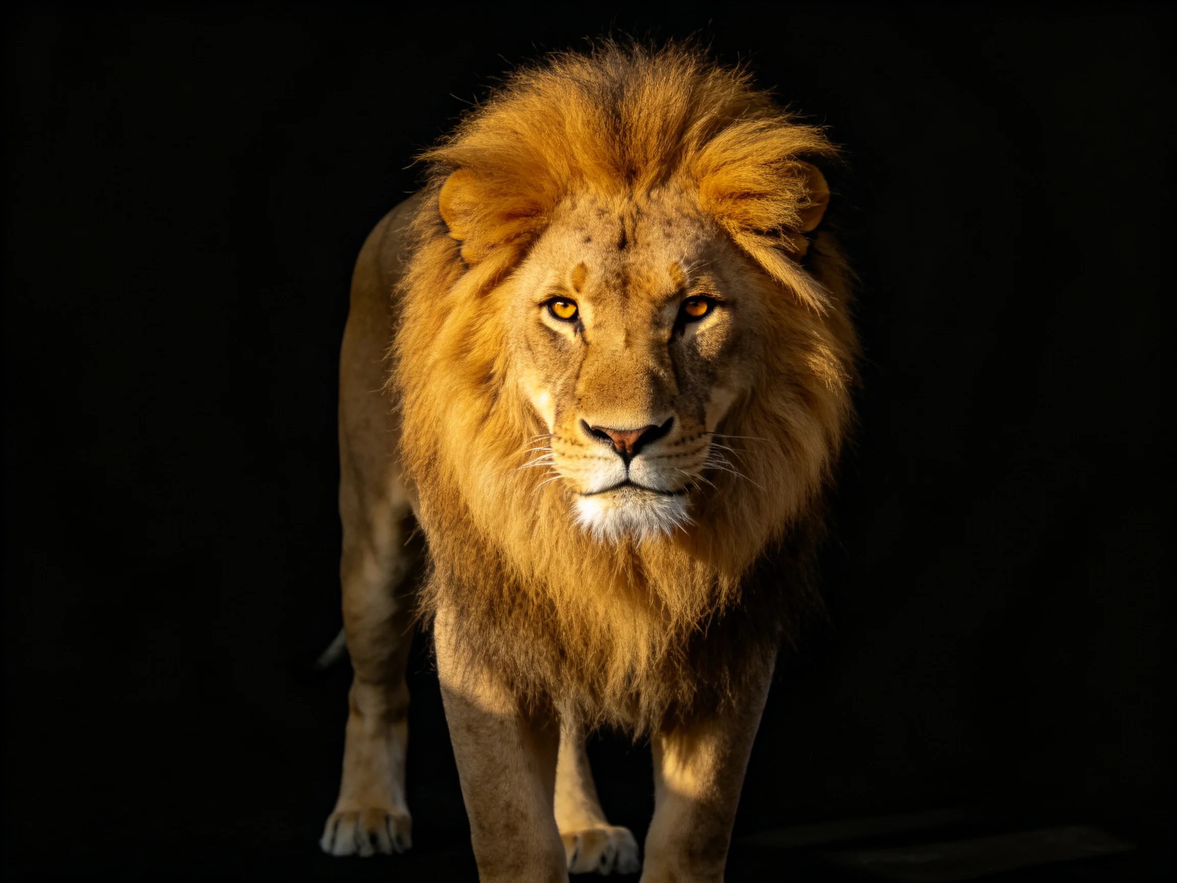 A lion with a striking golden mane stands prominently in a dark setting.