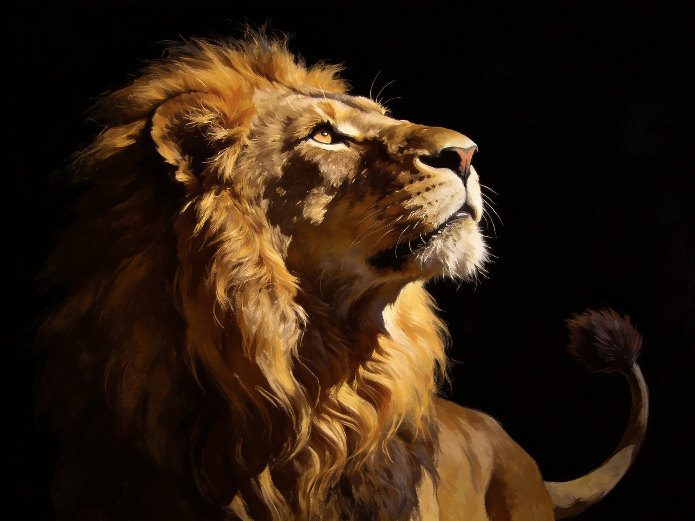 A majestic lion with a thick golden mane against a stark black backdrop