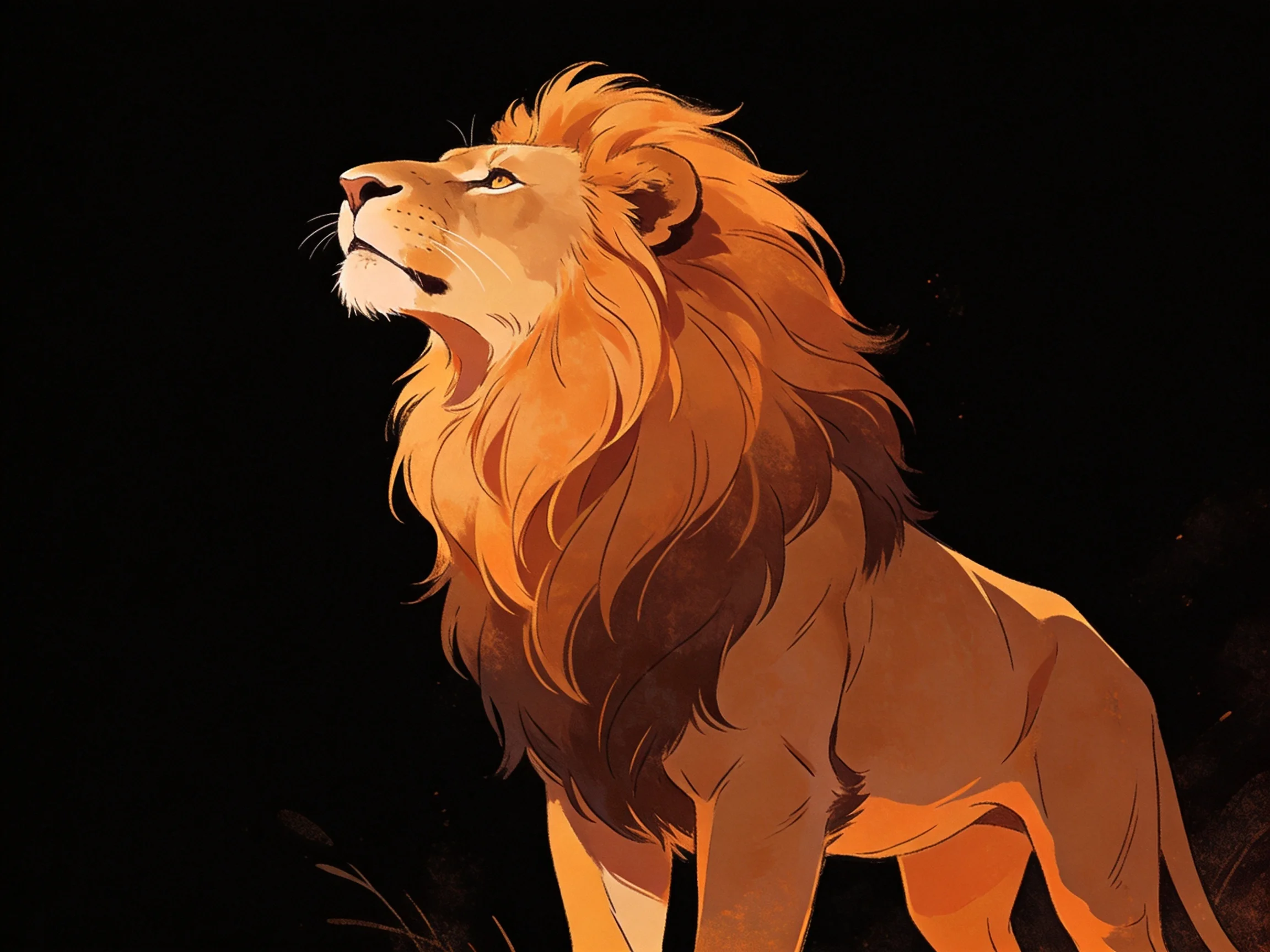 A majestic lion with a thick golden mane against a stark black backdrop