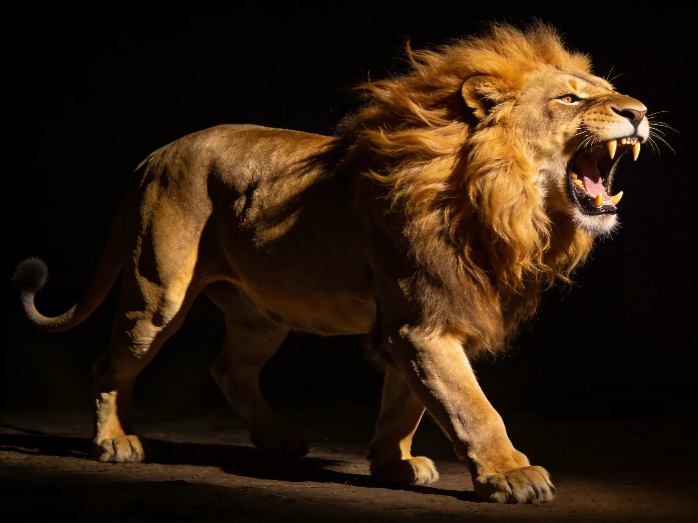 A majestic lion with a thick golden mane roars against a dark backdrop