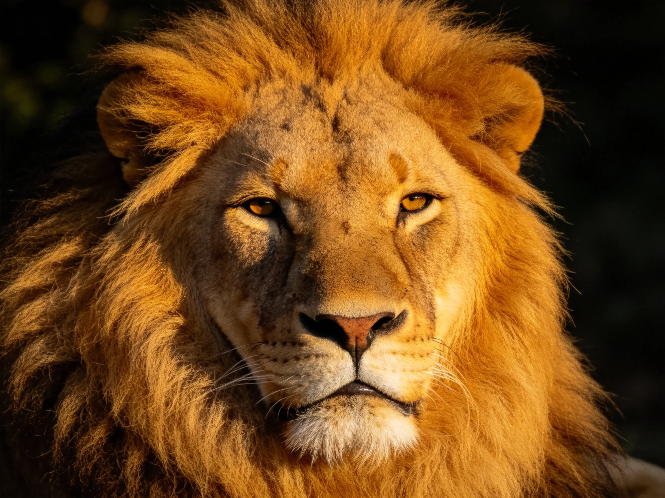 A majestic lion with a thick golden mane is prominently featured against a dark background.