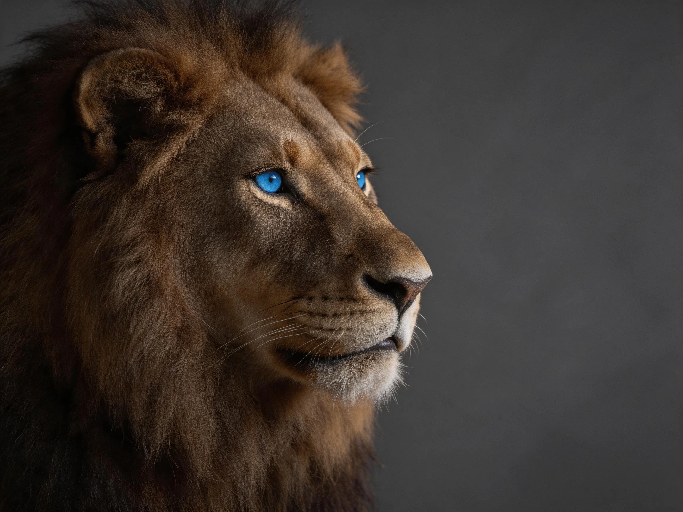 A majestic lion with bright blue eyes gazes regally against a dark gray backdrop.