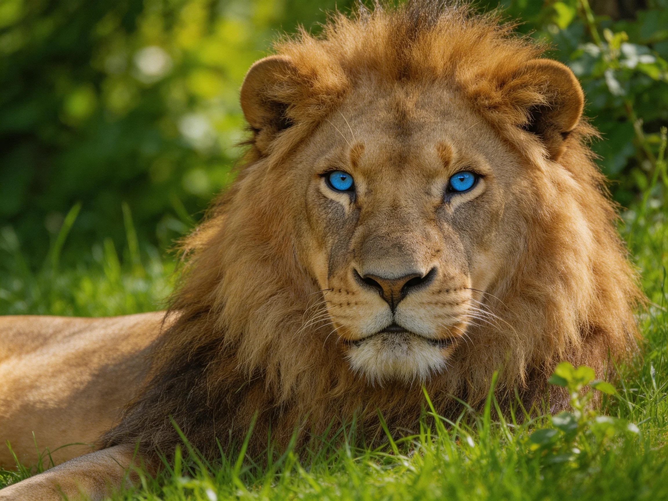 A lion with blue eyes relaxes in green grass