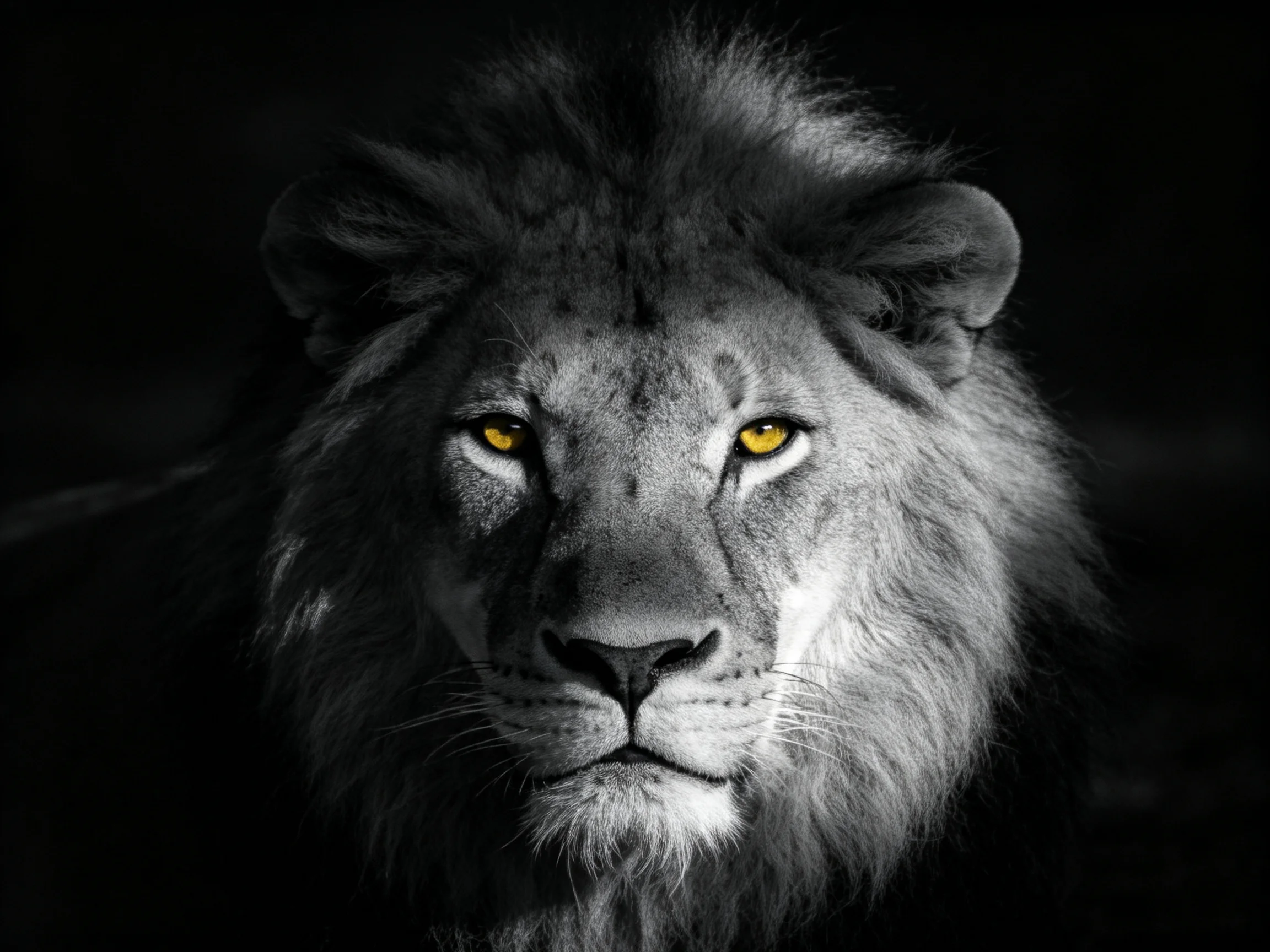 A majestic lion with glowing yellow eyes in monochrome darkness