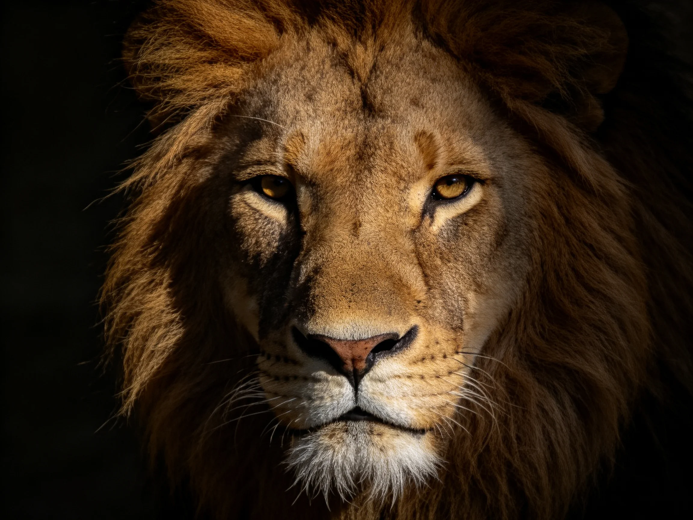 A close - up of a lion with an intense gaze, highlighted by dramatic lighting against a dark backdrop.