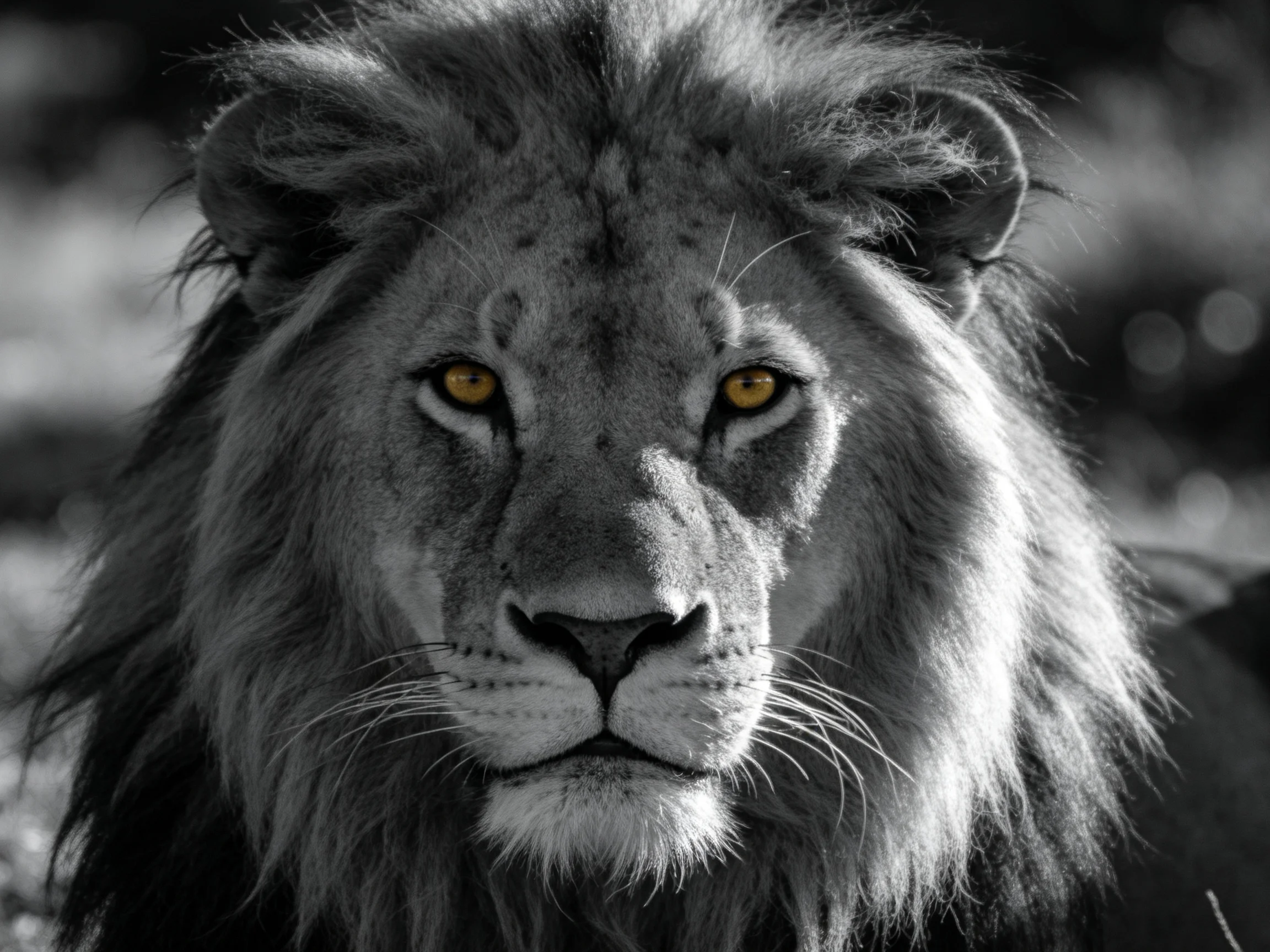 Close-up of a lion with striking yellow eyes in monochrome environment.