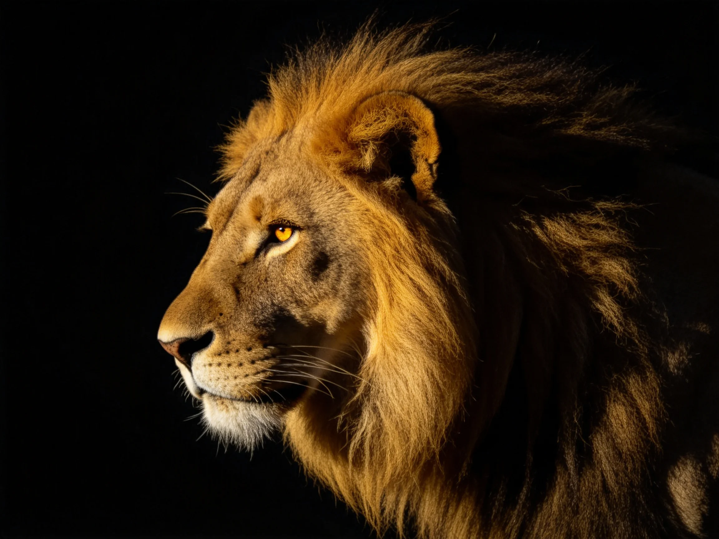 A lion with golden mane is prominently displayed against a dark background.
