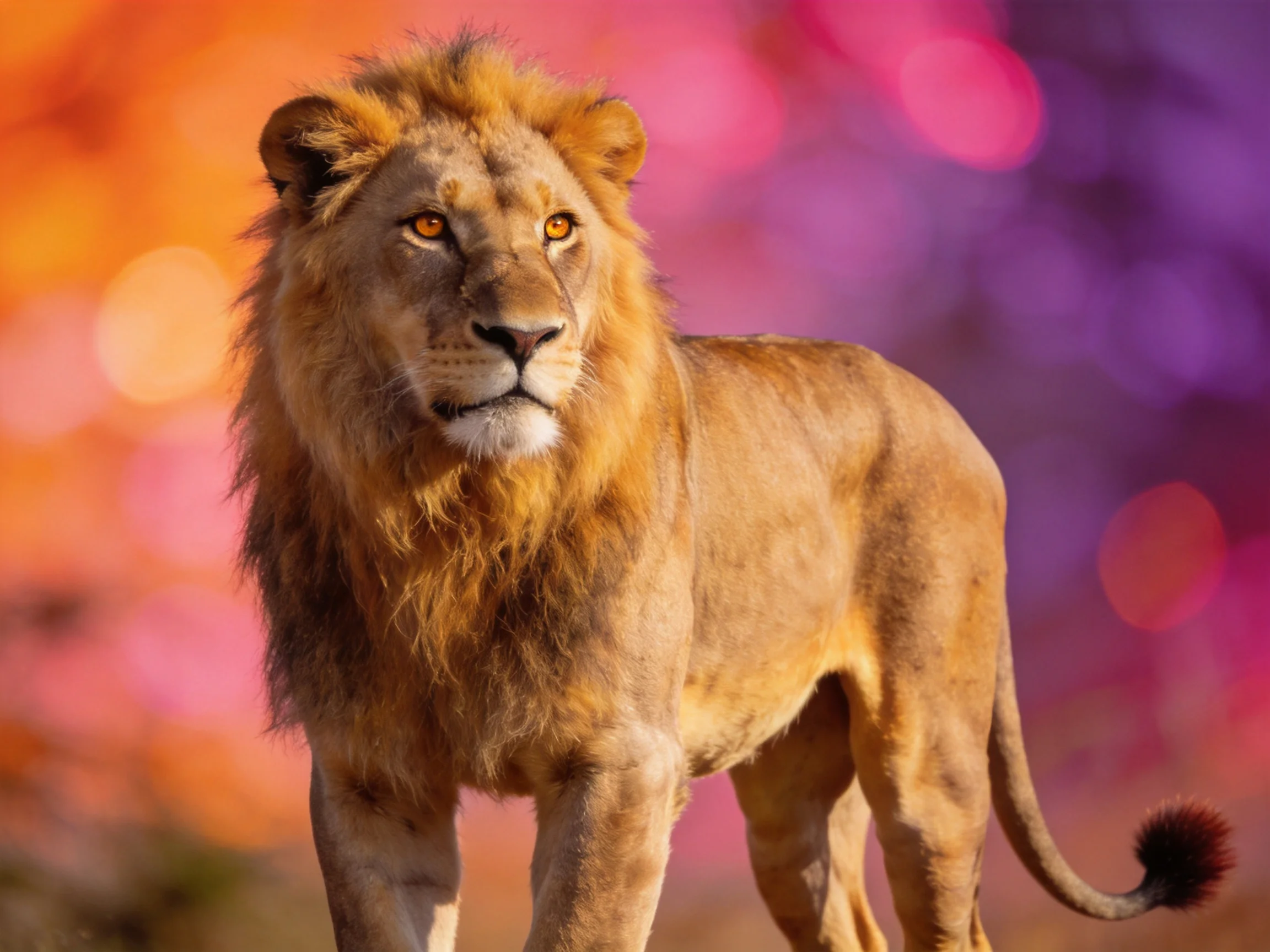 A majestic lion with golden mane amid vibrant pink and purple bokeh