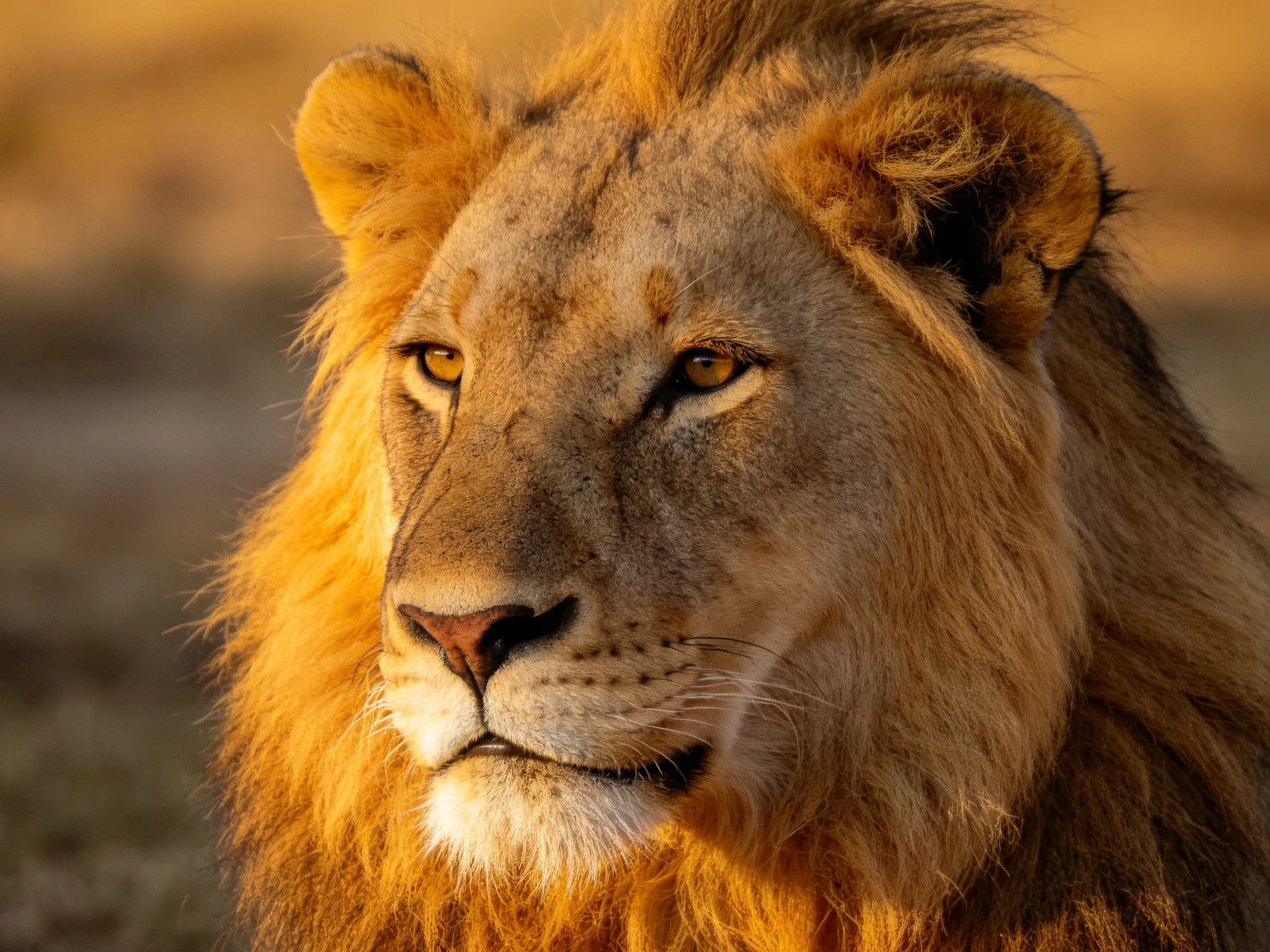 Close - up of a majestic lion under warm natural light