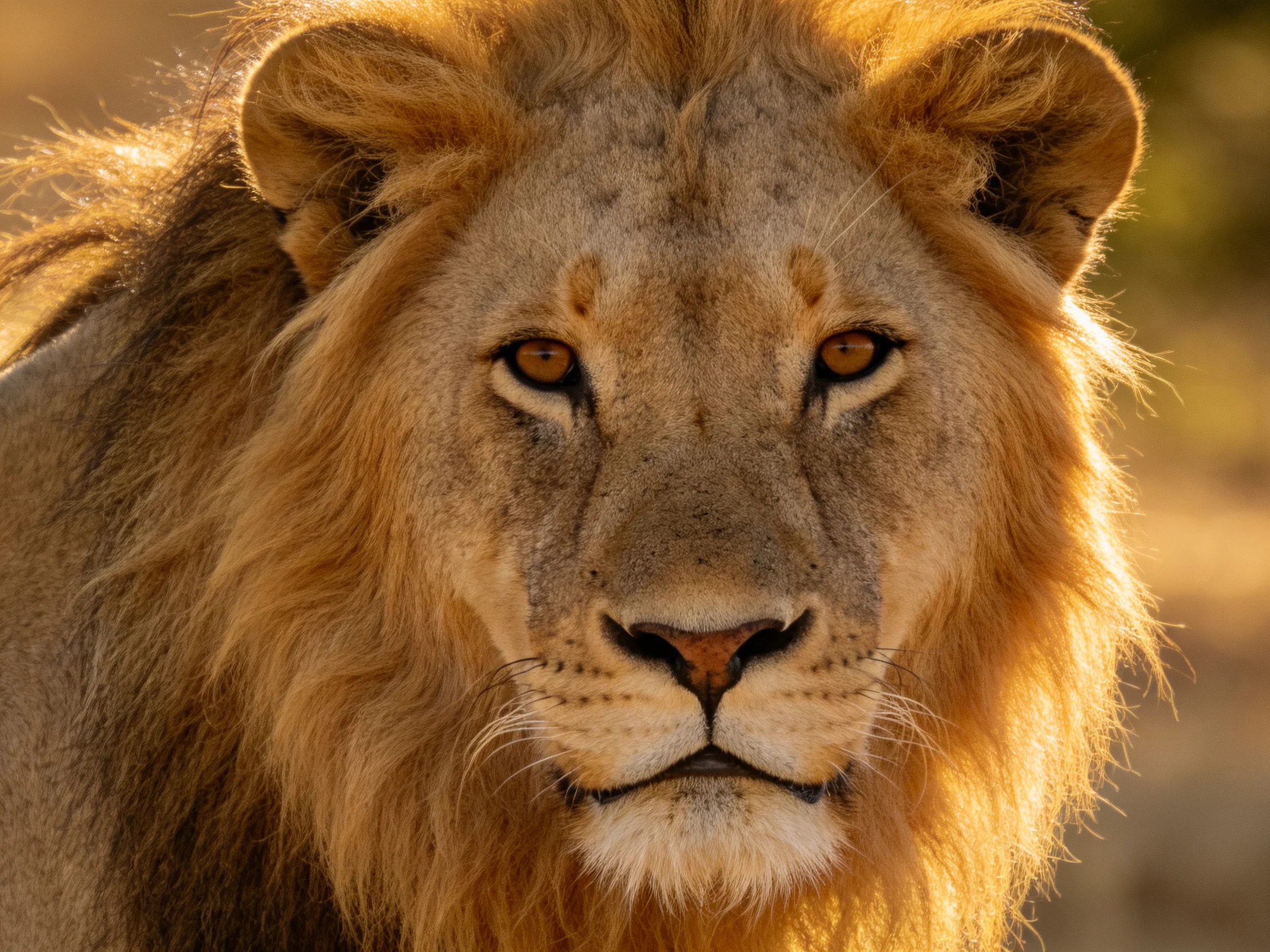 A close - up of a majestic lion with golden fur in a sunlit environment.