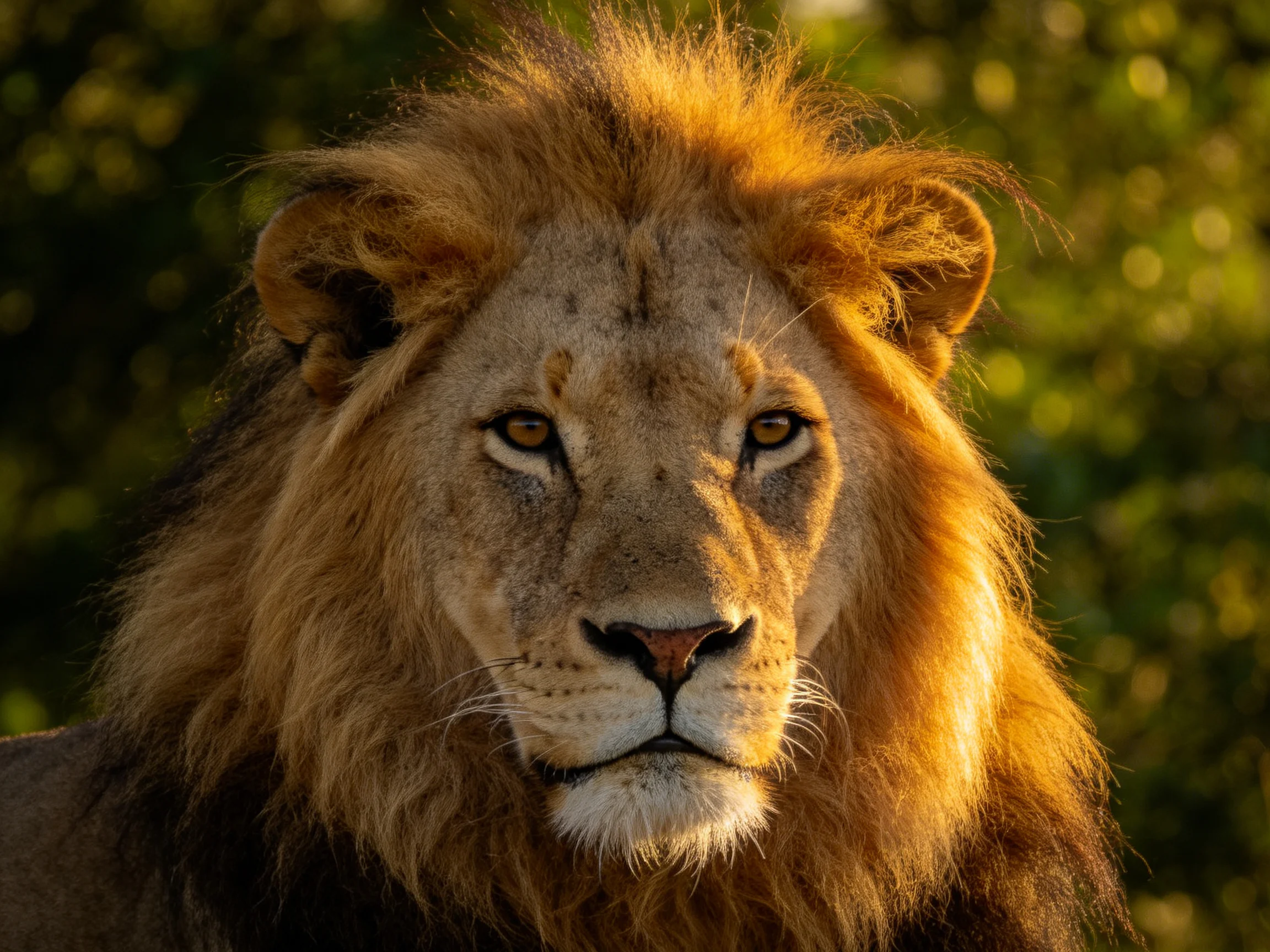 Close - up of a lion with golden mane in natural setting.