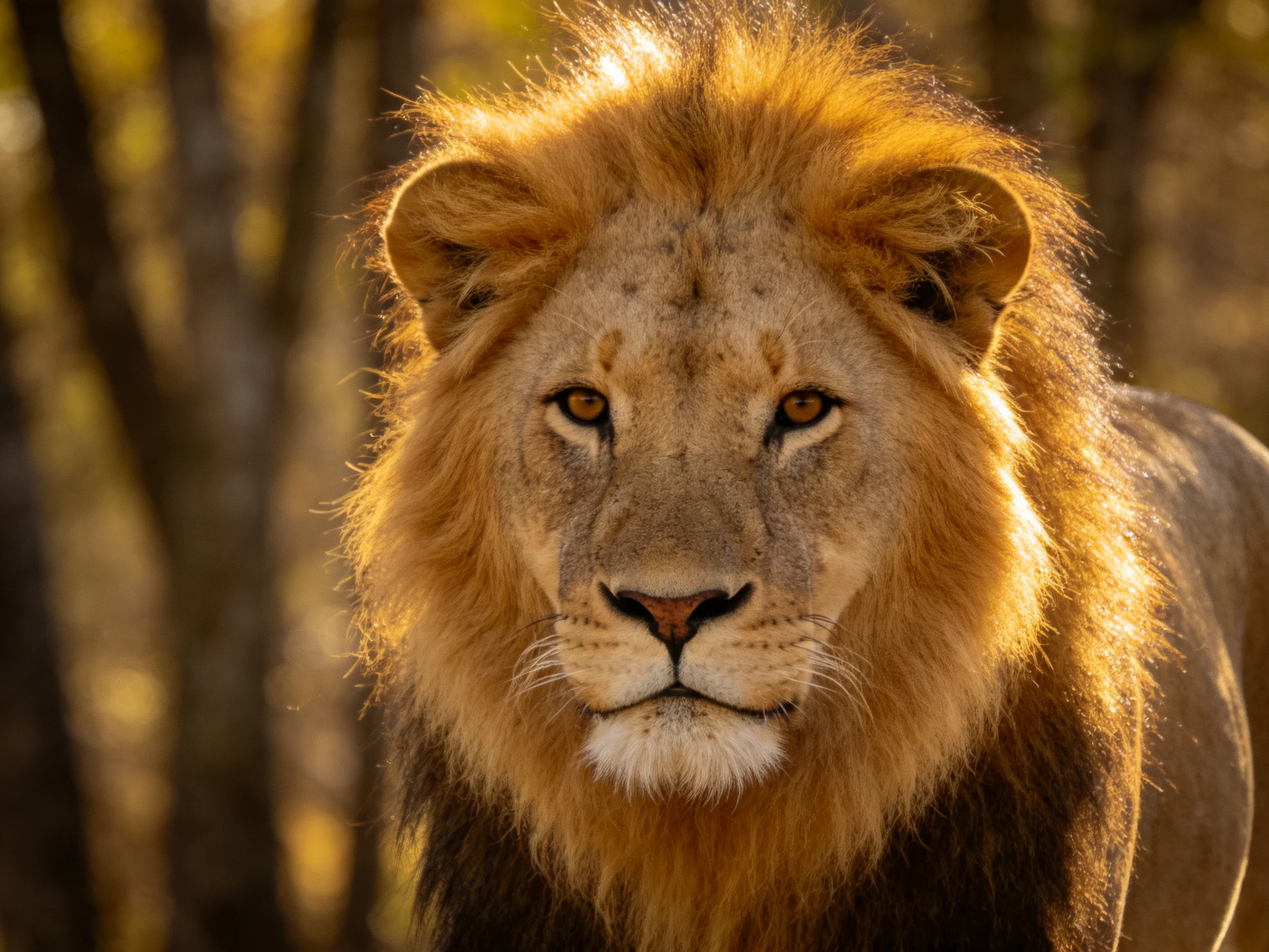 A majestic lion stands in a sunlit forest environment.